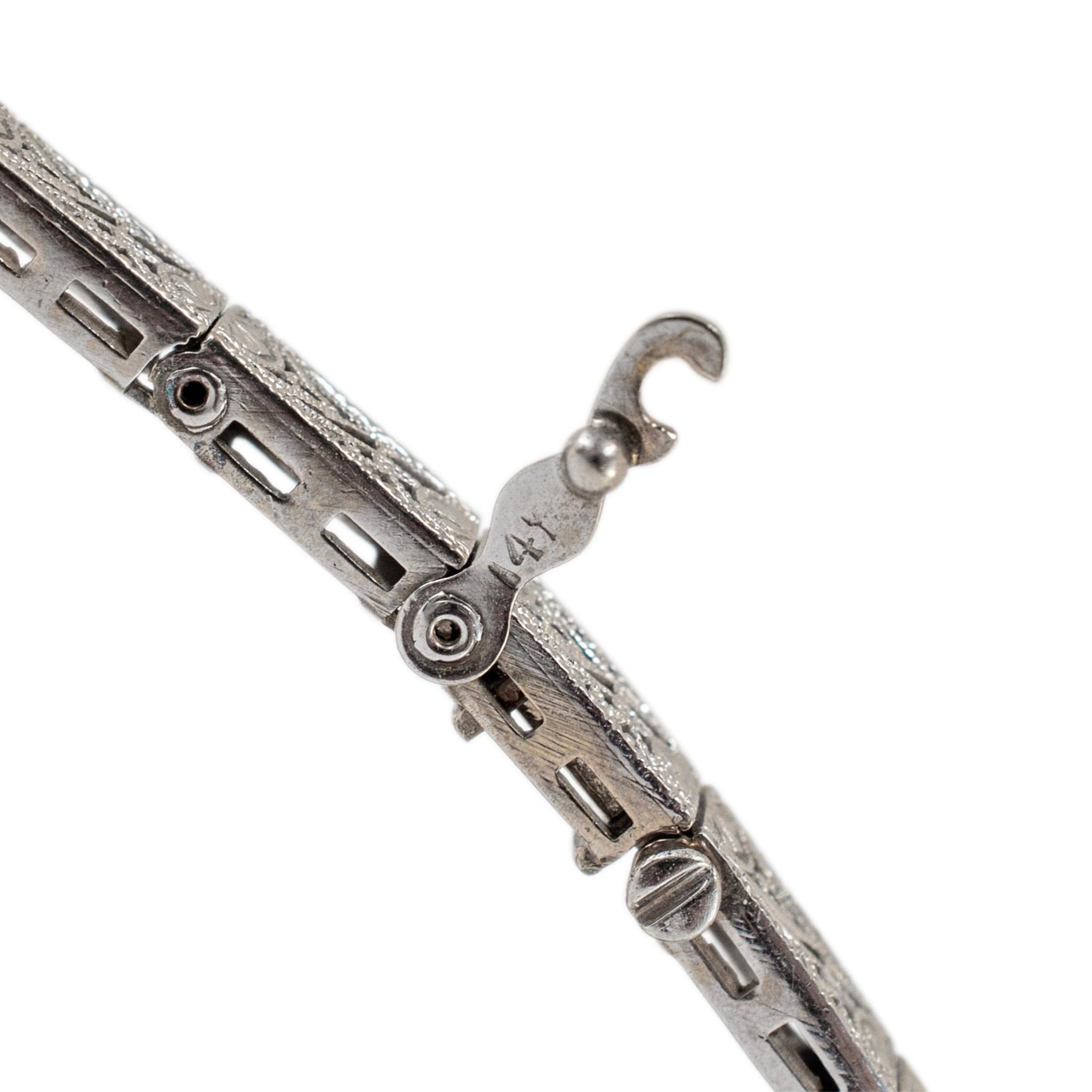 Antique Art Deco 14K White Gold Old European Cut Diamond Sapphire Link Bracelet In Excellent Condition For Sale In Houston, TX