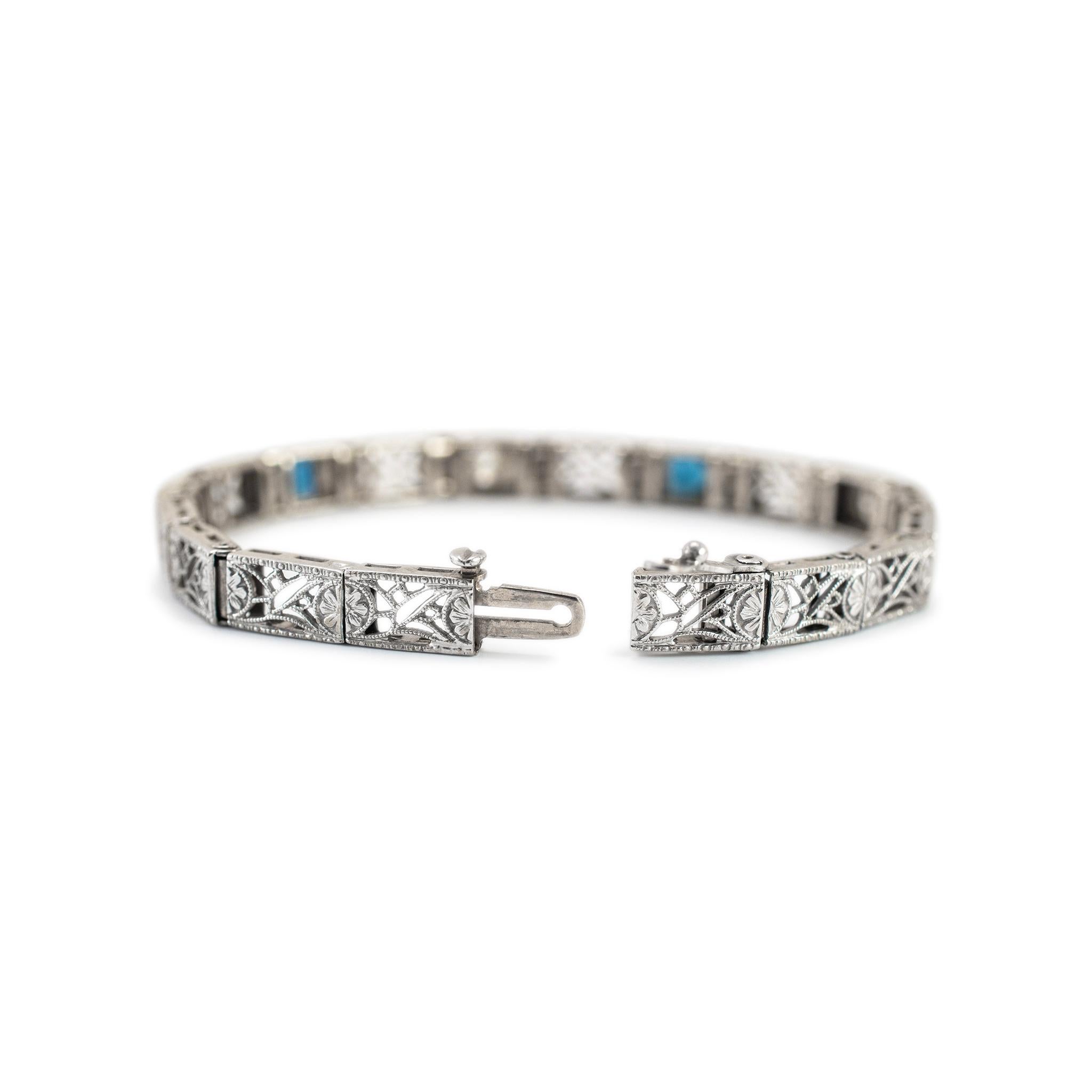 Women's Antique Art Deco 14K White Gold Old European Cut Diamond Sapphire Link Bracelet For Sale