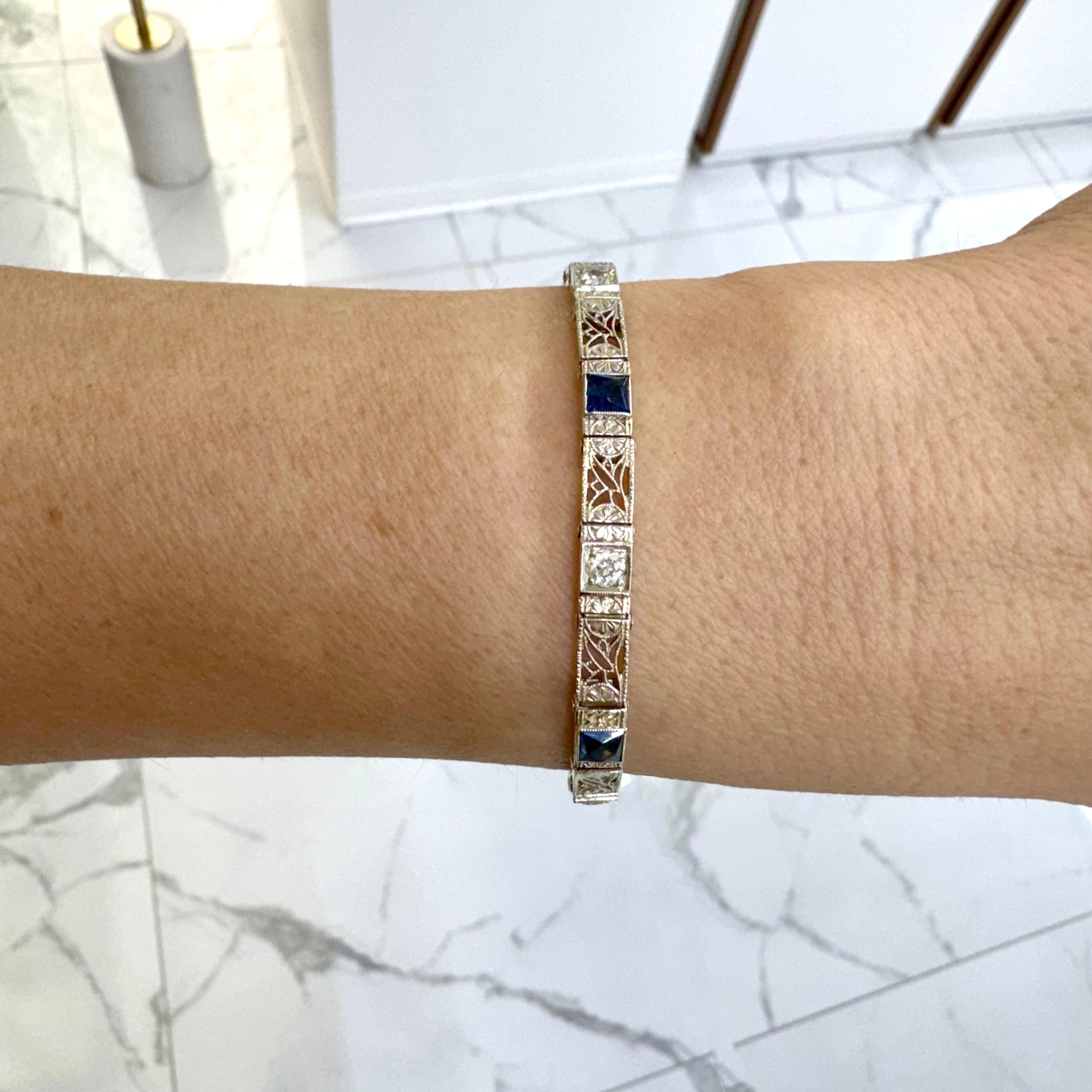 Antique Art Deco 14K White Gold Old European Cut Diamond Sapphire Link Bracelet For Sale 1