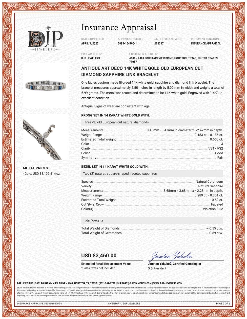 Antique Art Deco 14K White Gold Old European Cut Diamond Sapphire Link Bracelet For Sale 2