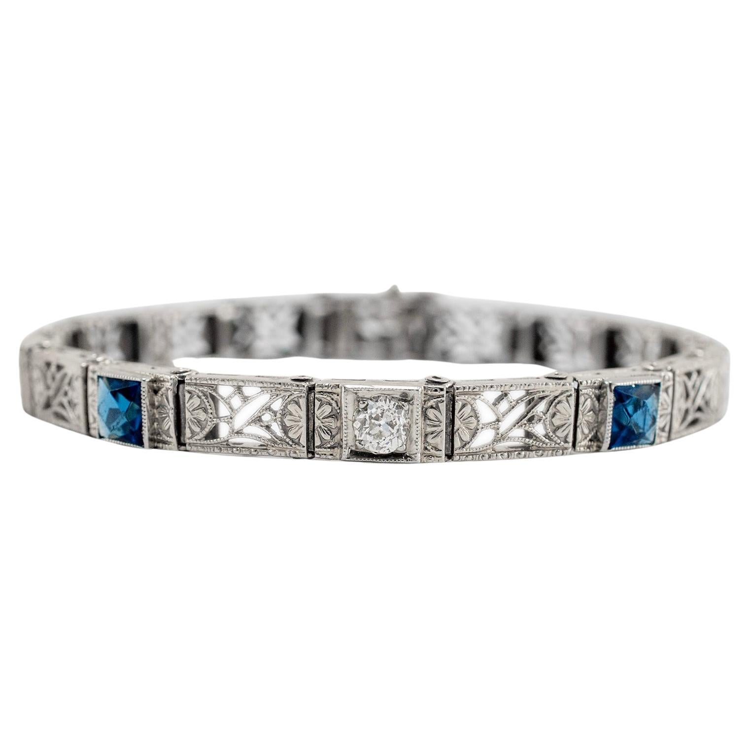 Antique Art Deco 14K White Gold Old European Cut Diamond Sapphire Link Bracelet