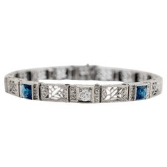 Antique Art Deco 14K White Gold Old European Cut Diamond Sapphire Link Bracelet