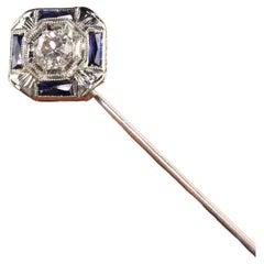 Antique Art Deco 14K White Gold Old European Cut Diamond Stick Pin