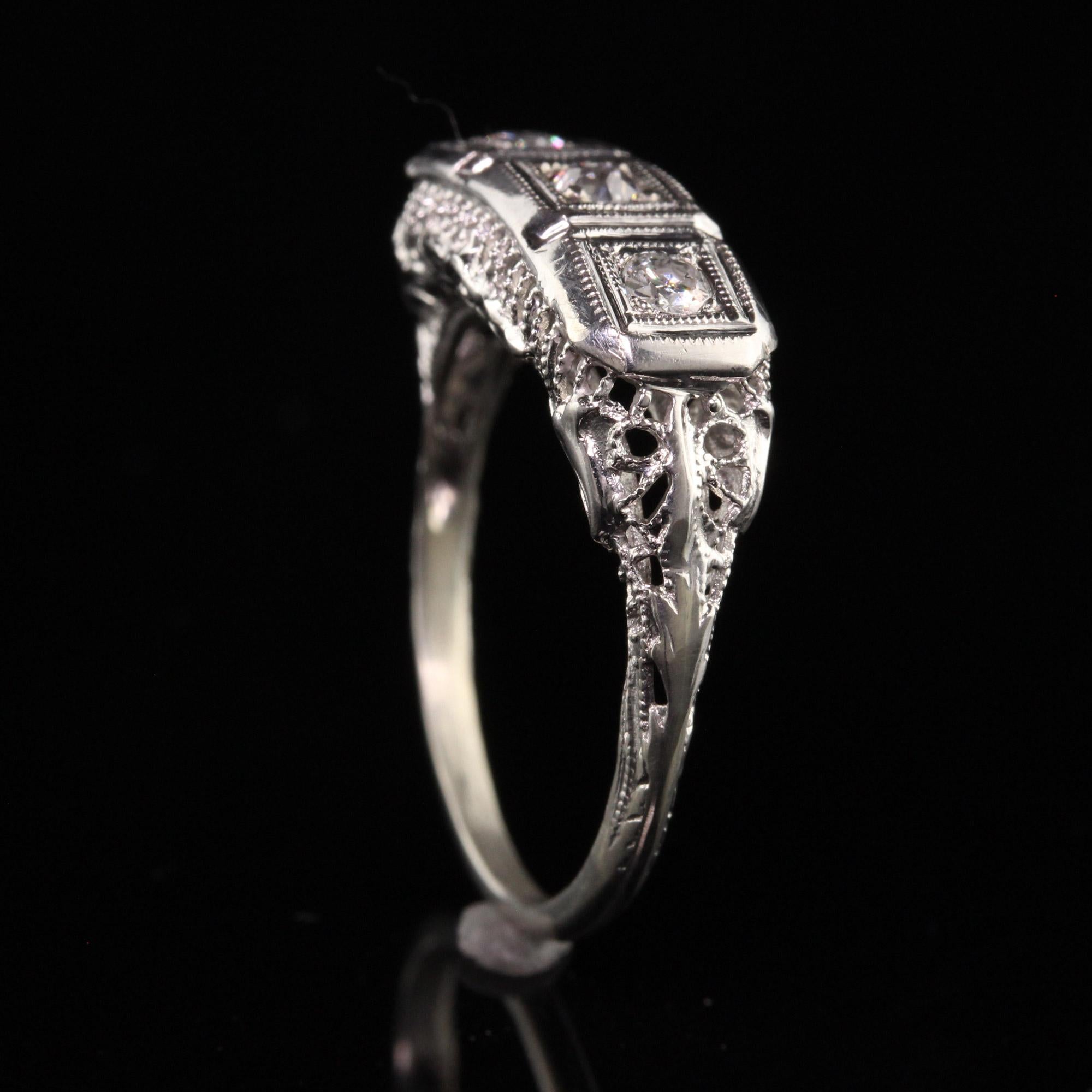 Women's Antique Art Deco 14K White Gold Old European Cut Diamond Three Stone Ring