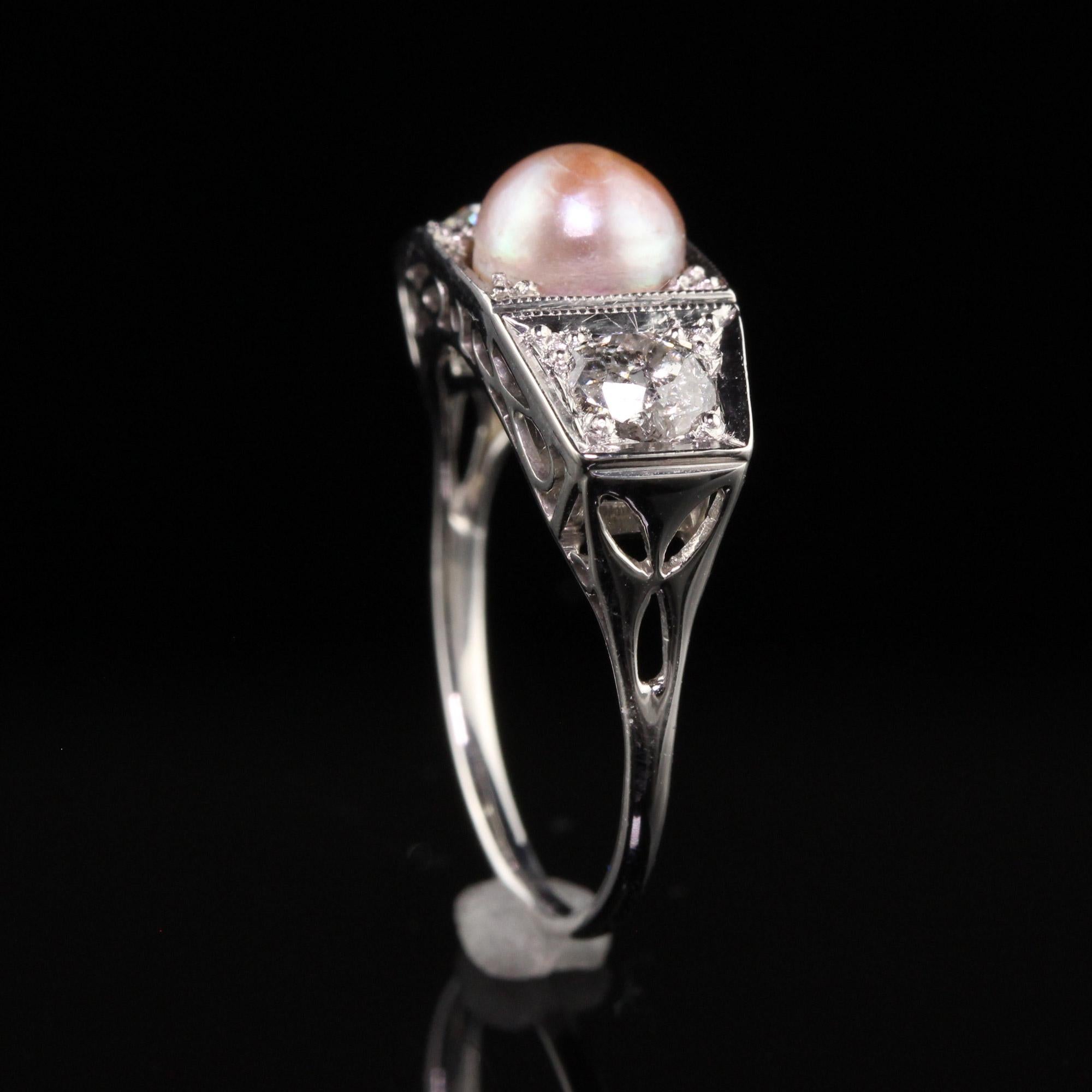 Antique Art Deco 14K White Gold Old European Diamond and Pearl Three Stone Ring For Sale 1