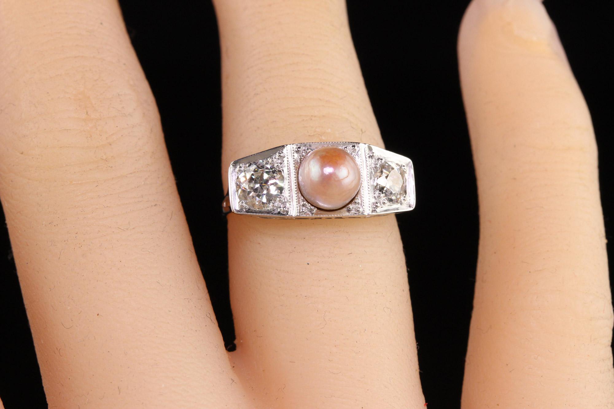 Antique Art Deco 14K White Gold Old European Diamond and Pearl Three Stone Ring For Sale 2