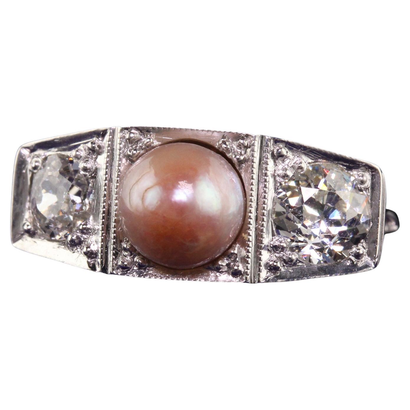 Antique Art Deco 14K White Gold Old European Diamond and Pearl Three Stone Ring For Sale
