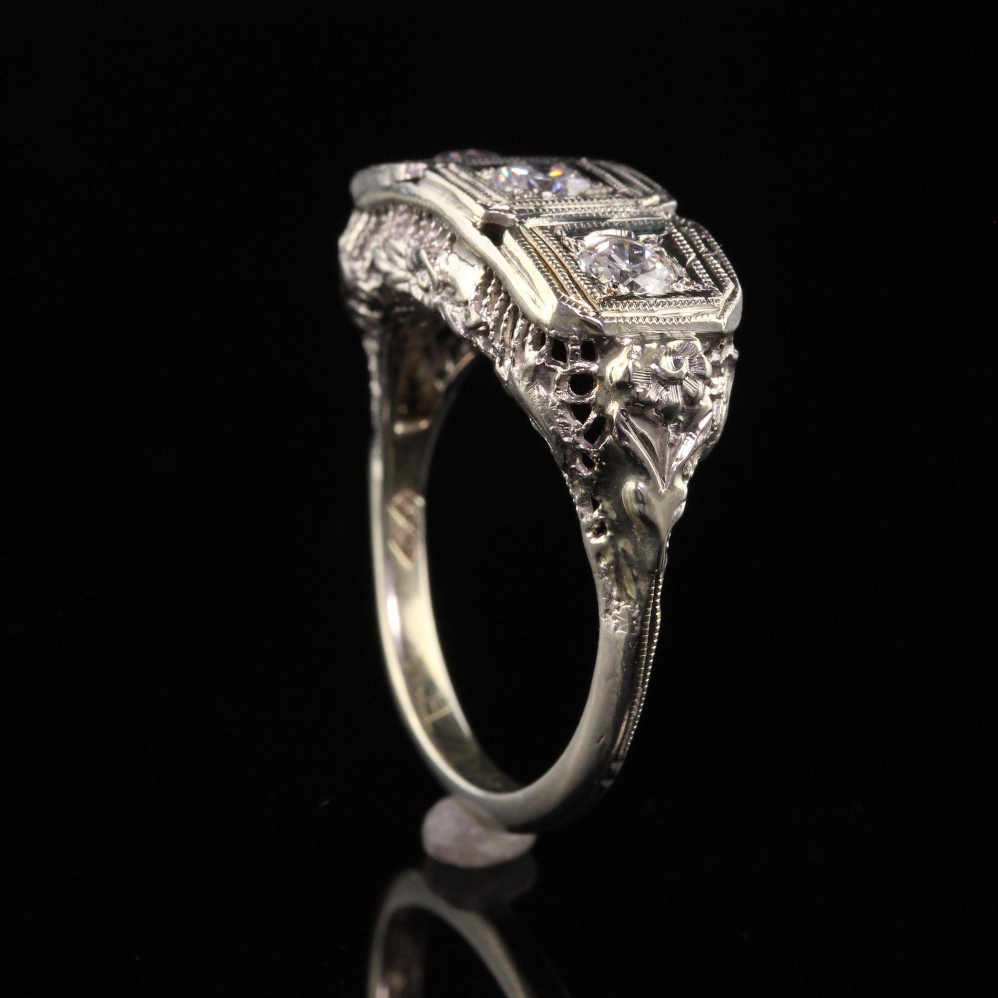 Old European Cut Antique Art Deco 14K White Gold Old European Diamond Three Stone Ring
