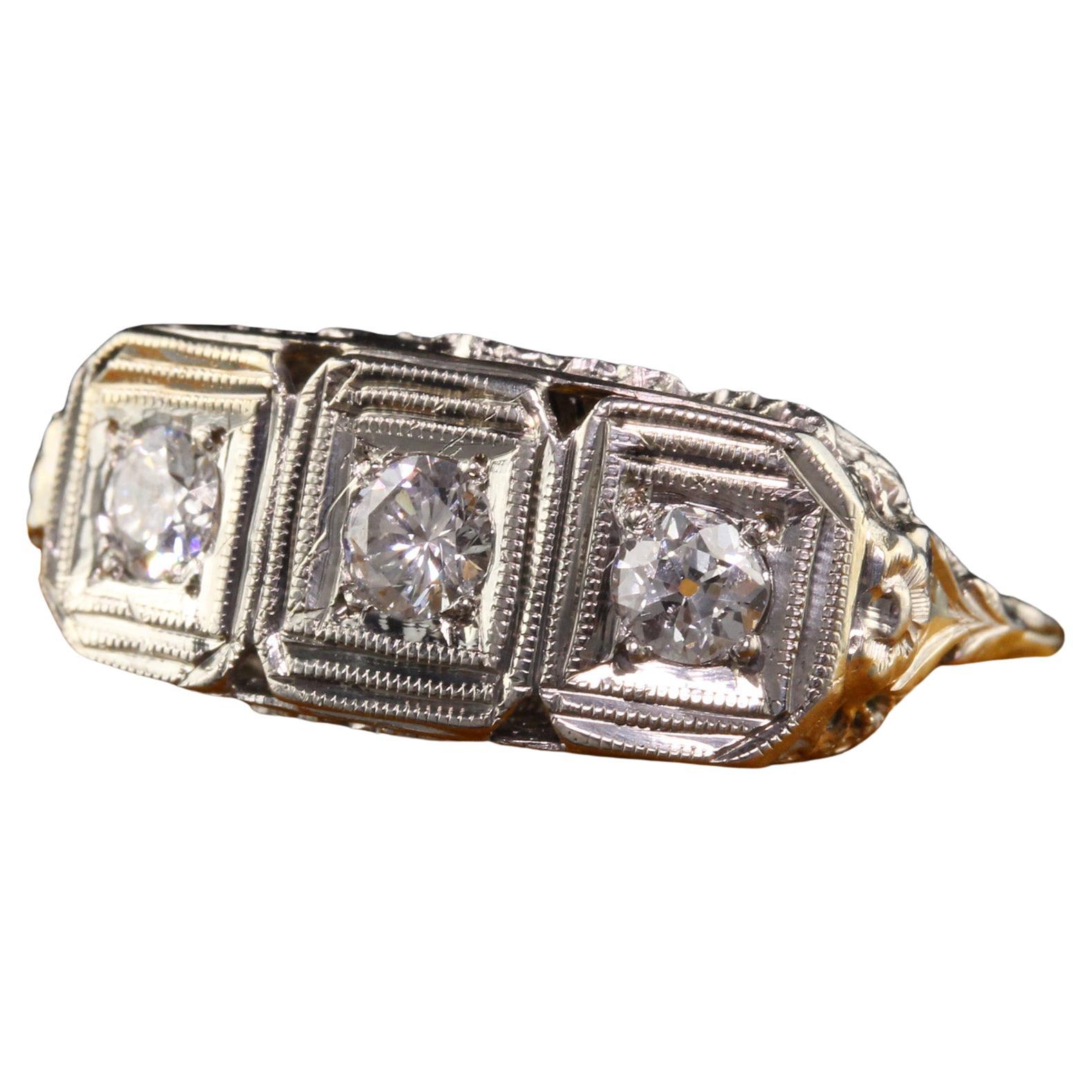 Antique Art Deco 14K White Gold Old European Diamond Three Stone Ring For  Sale at 1stDibs | art deco three stone ring, 3 stone art deco ring, antika  ringar