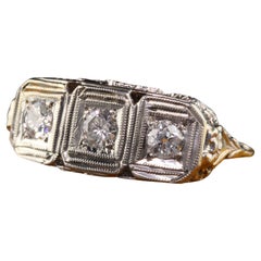 Antiker antiker Art Deco 14K Weißgold Alteuropäischer Diamant Drei Stein Ring