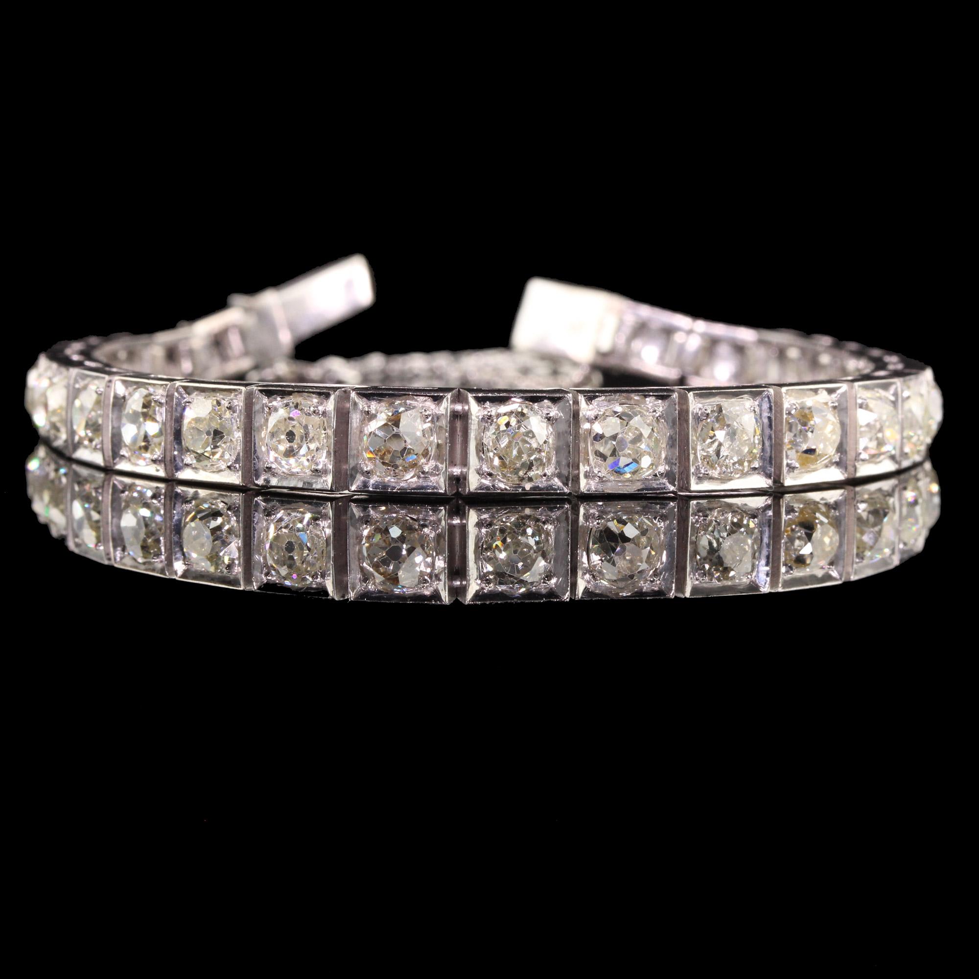 Women's Antique Art Deco 14K White Gold Old Mine Cut Diamond Line Bracelet For Sale