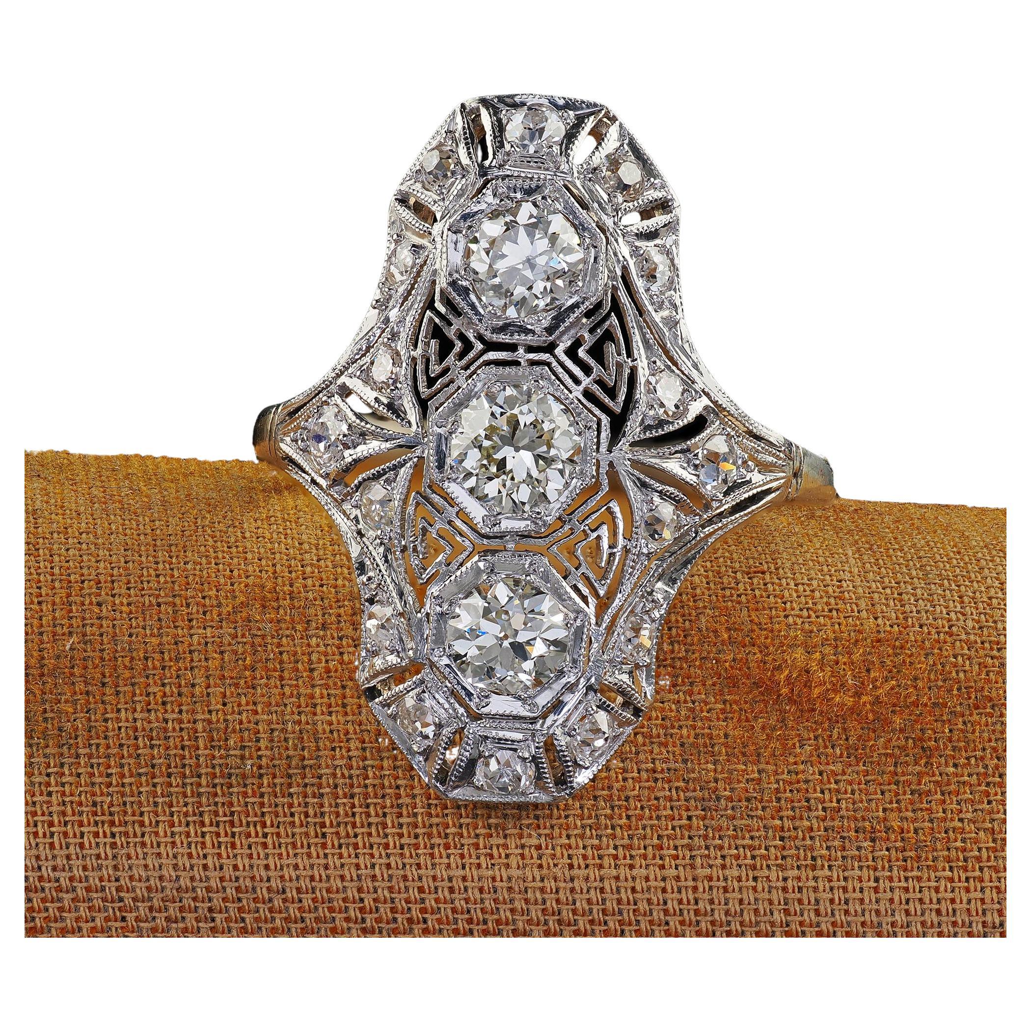Anillo Antiguo Art Decó 14K Oro Blanco Platino Antiguo Euro Diamante Filigrana Escudo