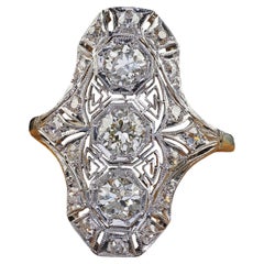 Antique Art Deco 14K White Gold Platinum Old Euro Diamond Filigree Shield Ring