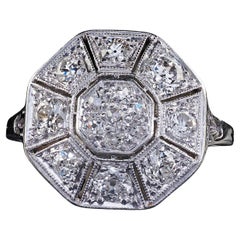 Antique Art Deco 14K White Gold Platinum Old Euro Diamond Octagon Cluster Ring