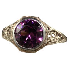 Antique Art Deco 14K White Gold Rhodolite Garnet Filigree Engagement Ring