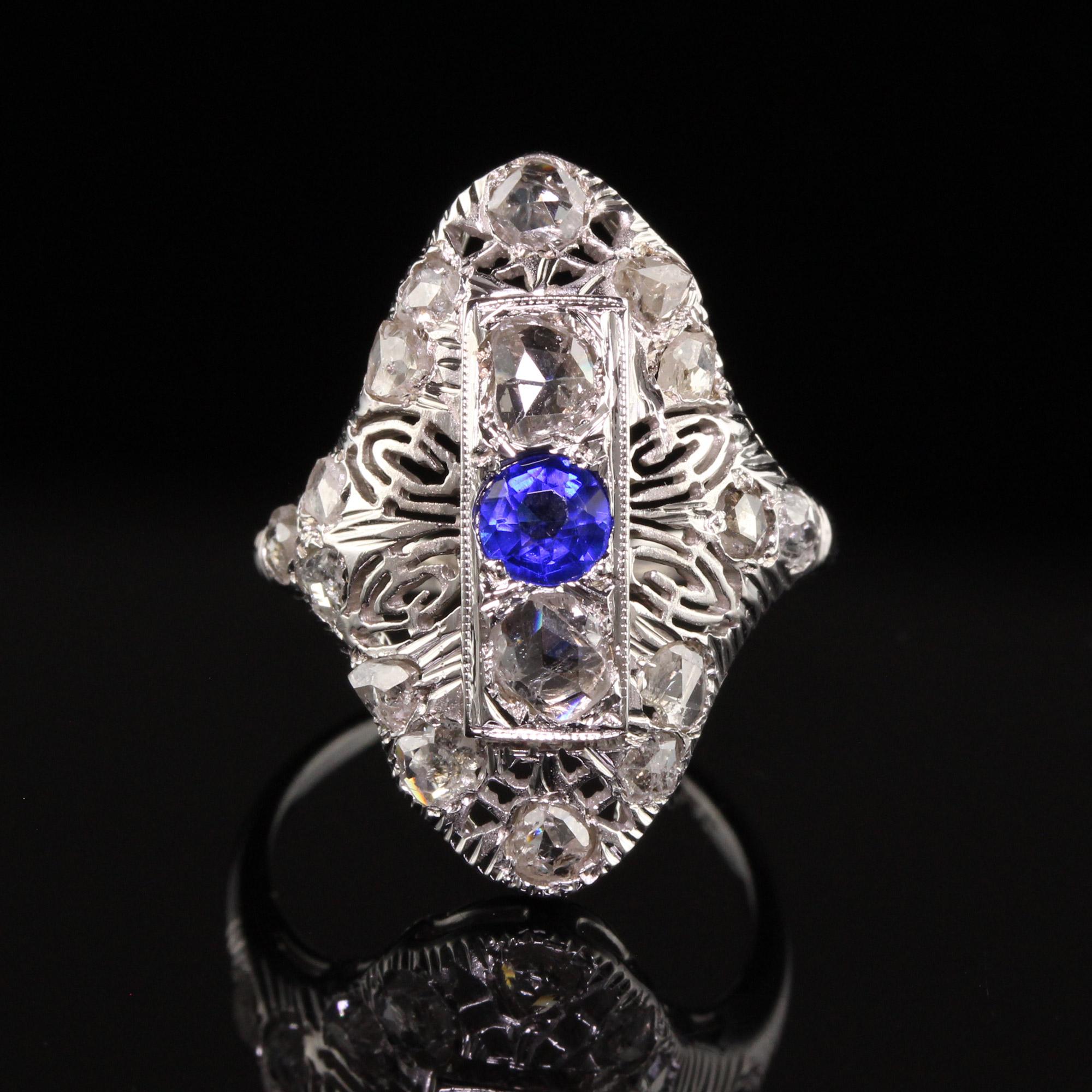 Antique Art Deco 14K White Gold Rose Cut Diamond Filigree Shield Ring In Good Condition For Sale In Great Neck, NY