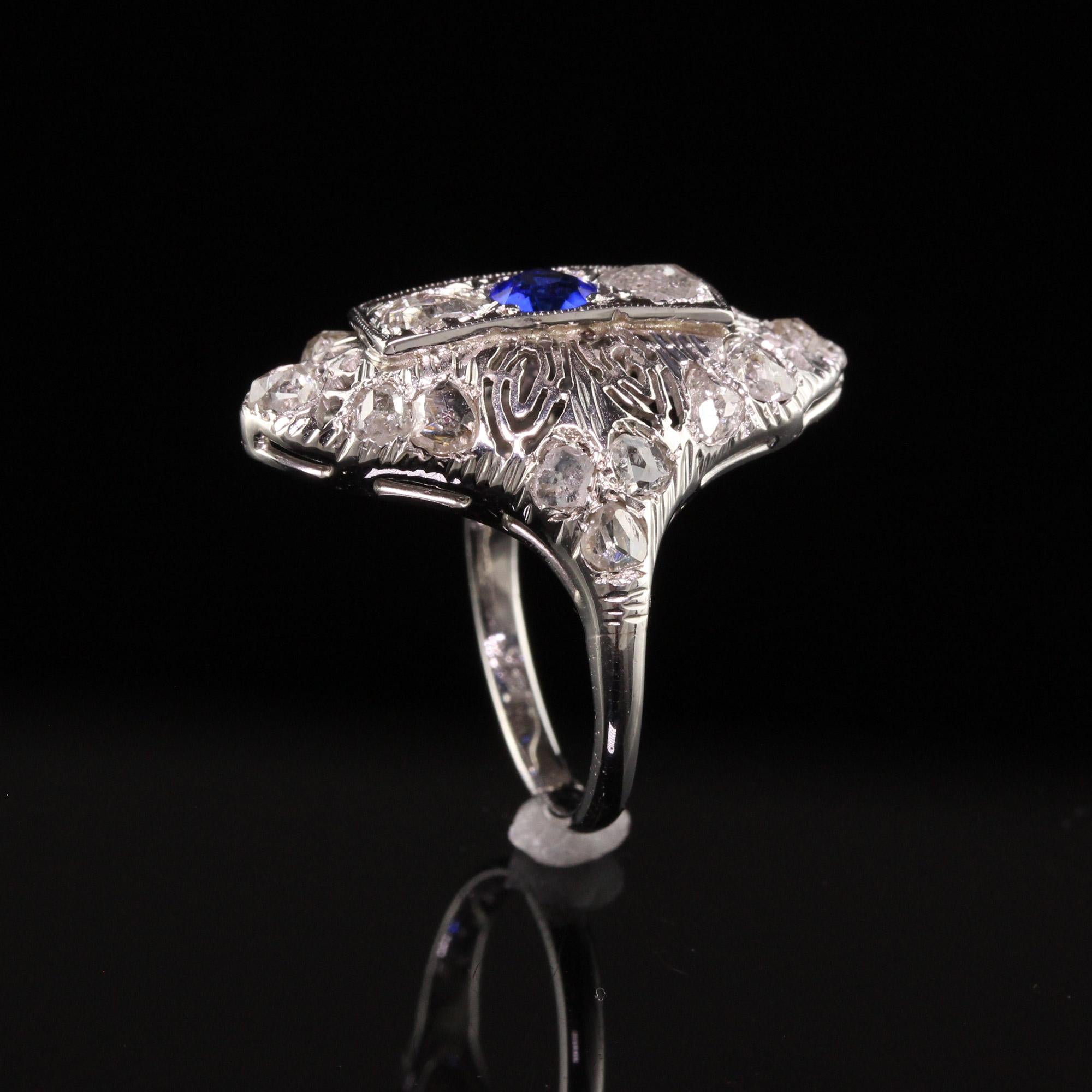 Antique Art Deco 14K White Gold Rose Cut Diamond Filigree Shield Ring For Sale 1