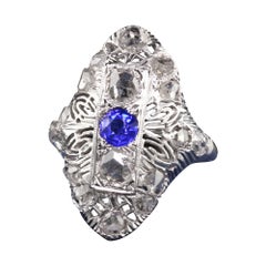Antique Art Deco 14K White Gold Rose Cut Diamond Filigree Shield Ring