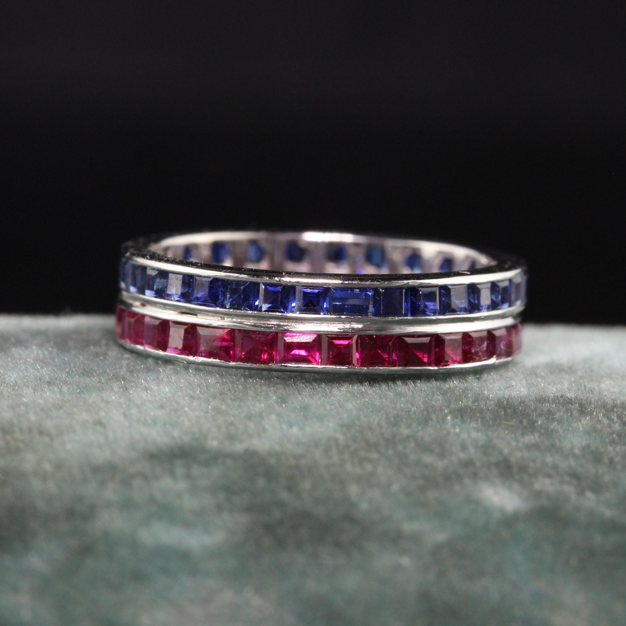 Beautiful Antique Art Deco 14K White Gold Ruby and Sapphire Eternity Band. This beautiful eternity band is crafted in 14k white gold. The band has blue sapphire and rubies going around the entire ring.

Item #R1294

Metal: 14K White Gold

Weight: