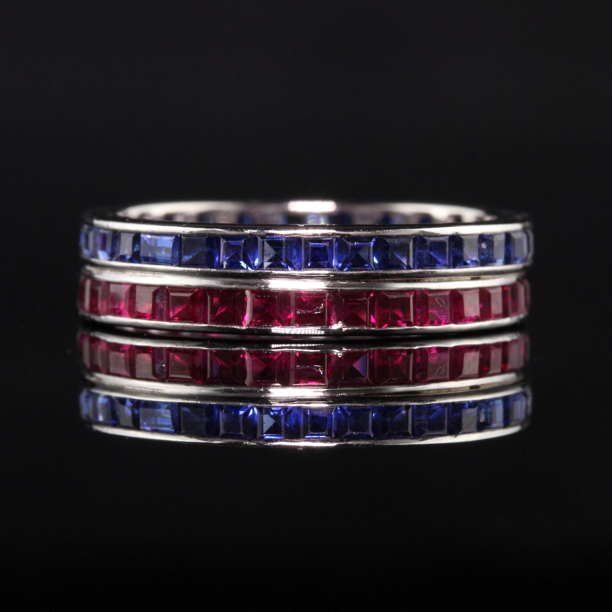 French Cut Antique Art Deco 14K White Gold Ruby and Sapphire Eternity Band For Sale