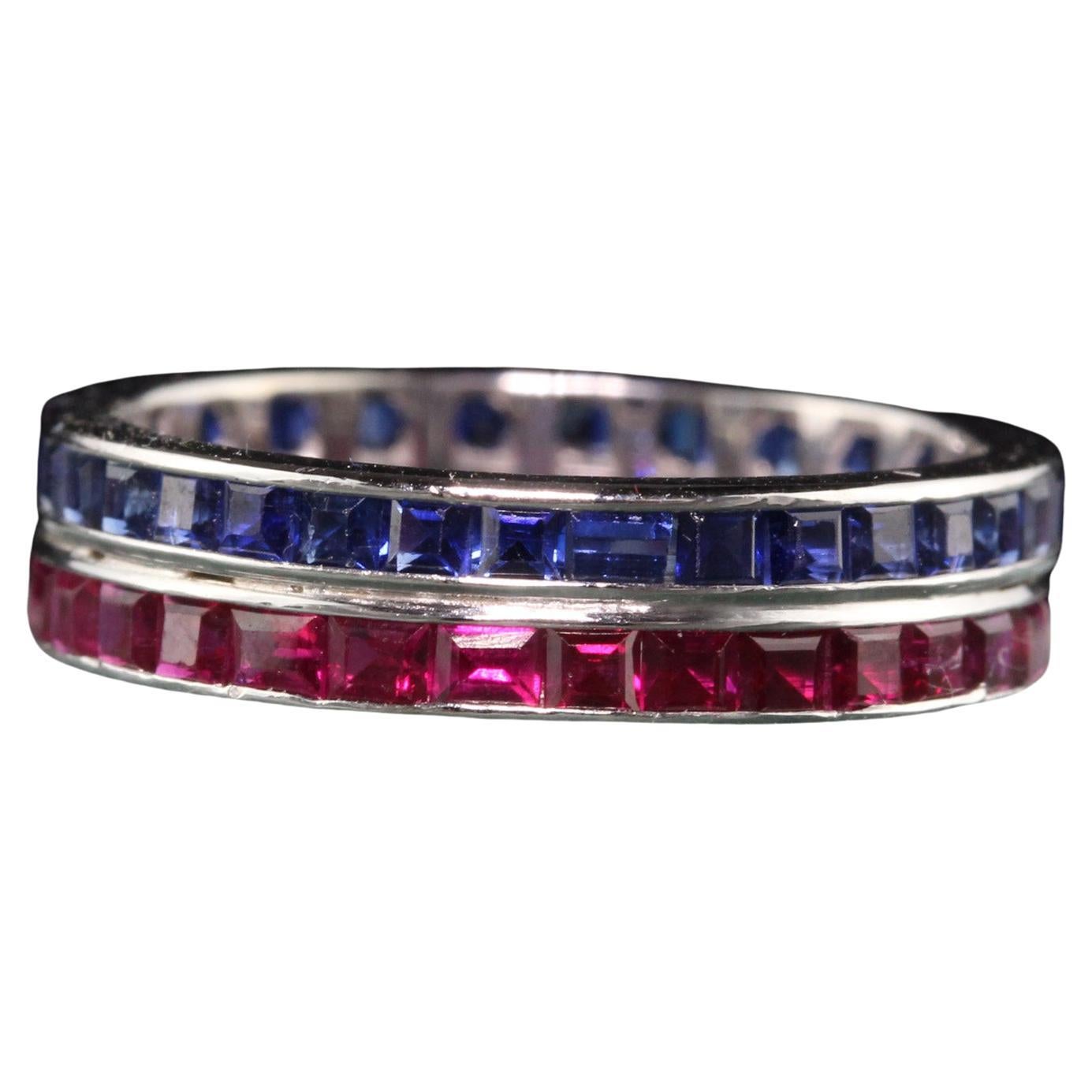 Antique Art Deco 14K White Gold Ruby and Sapphire Eternity Band