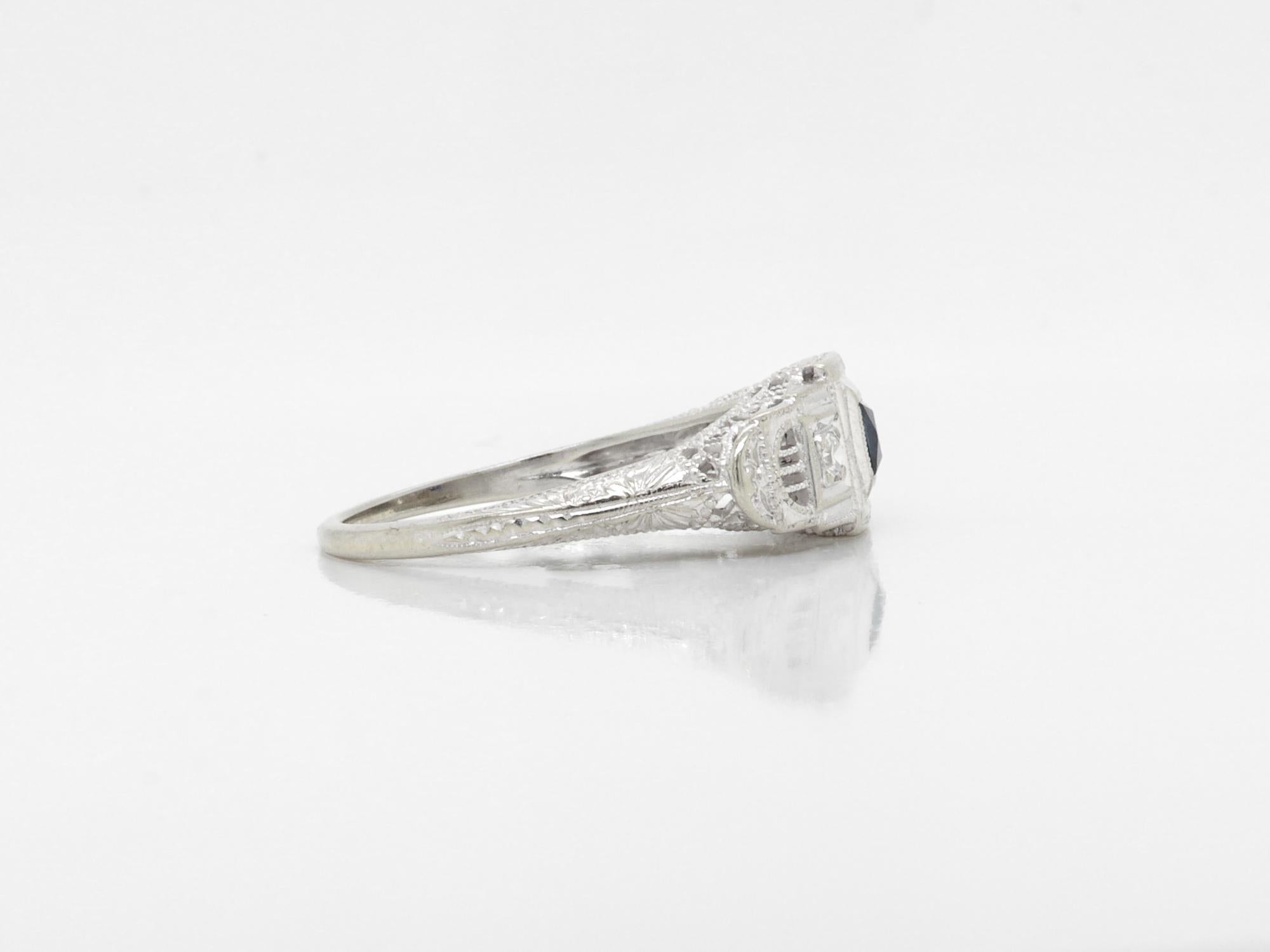 Antique Art Deco 14k White Gold, Sapphire, and Diamond Filigree Cocktail Ring For Sale 5