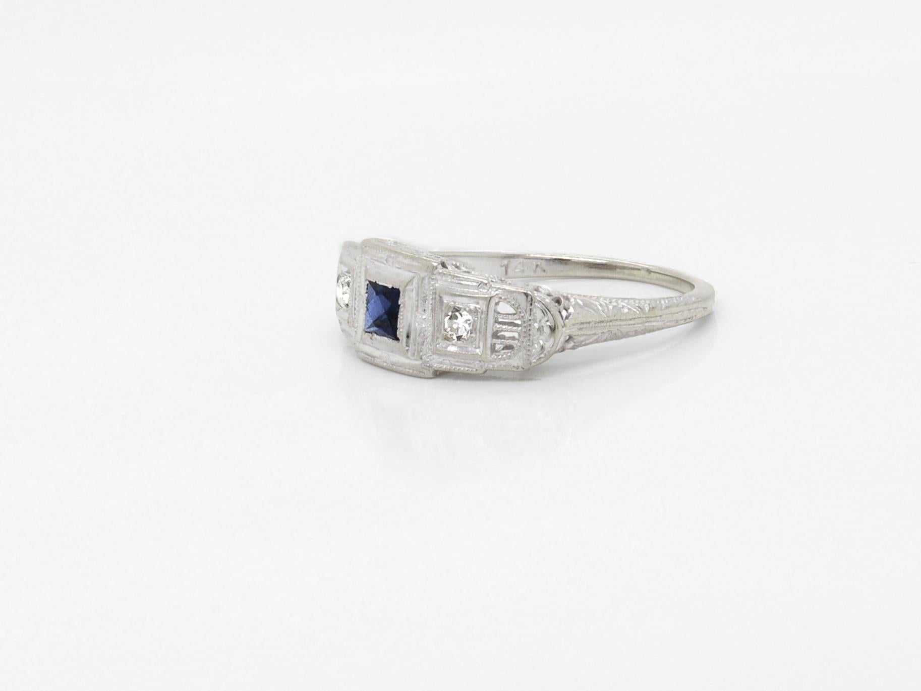 Antique Art Deco 14k White Gold, Sapphire, and Diamond Filigree Cocktail Ring For Sale 6