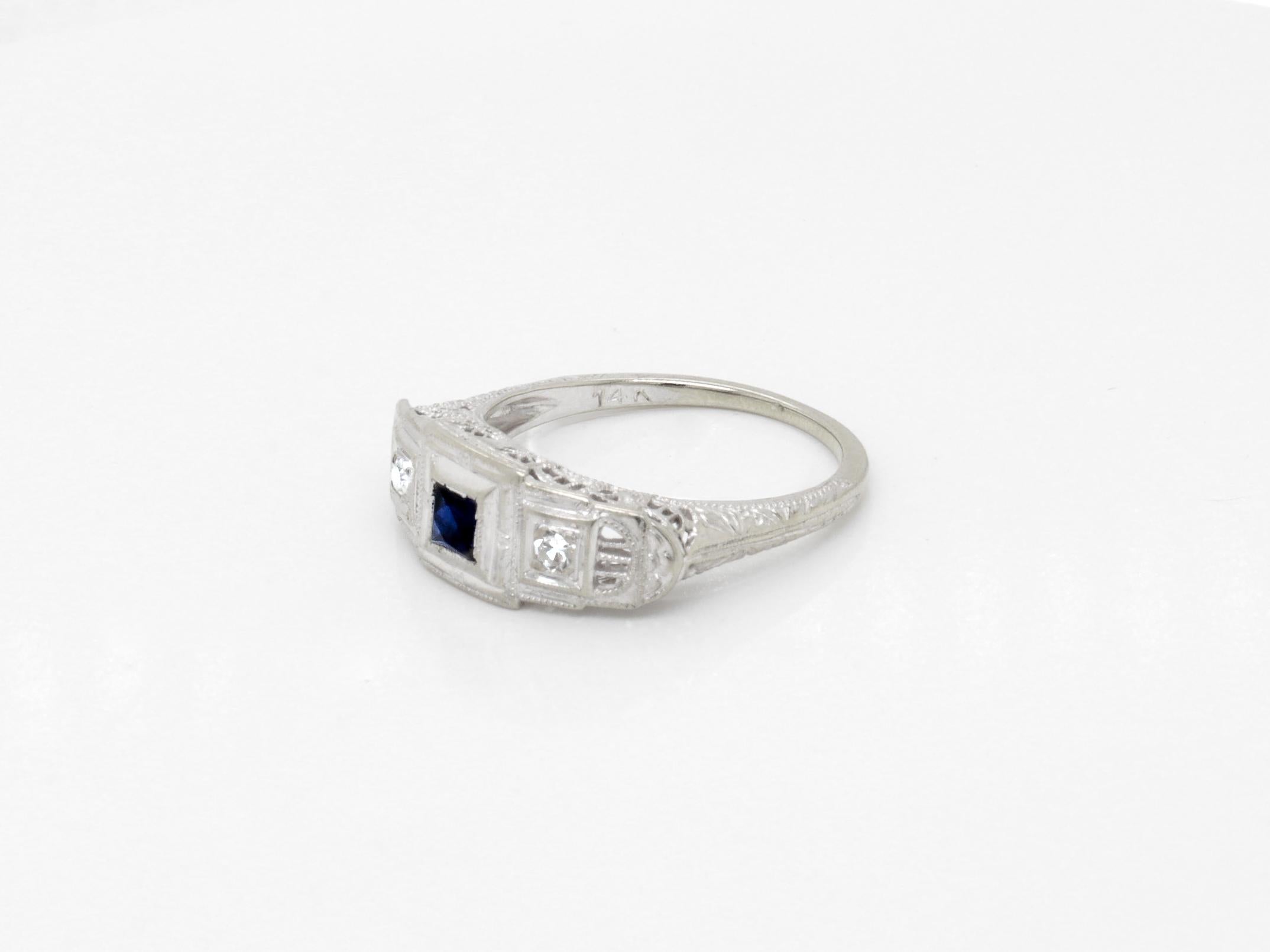 Antique Art Deco 14k White Gold, Sapphire, and Diamond Filigree Cocktail Ring For Sale 7