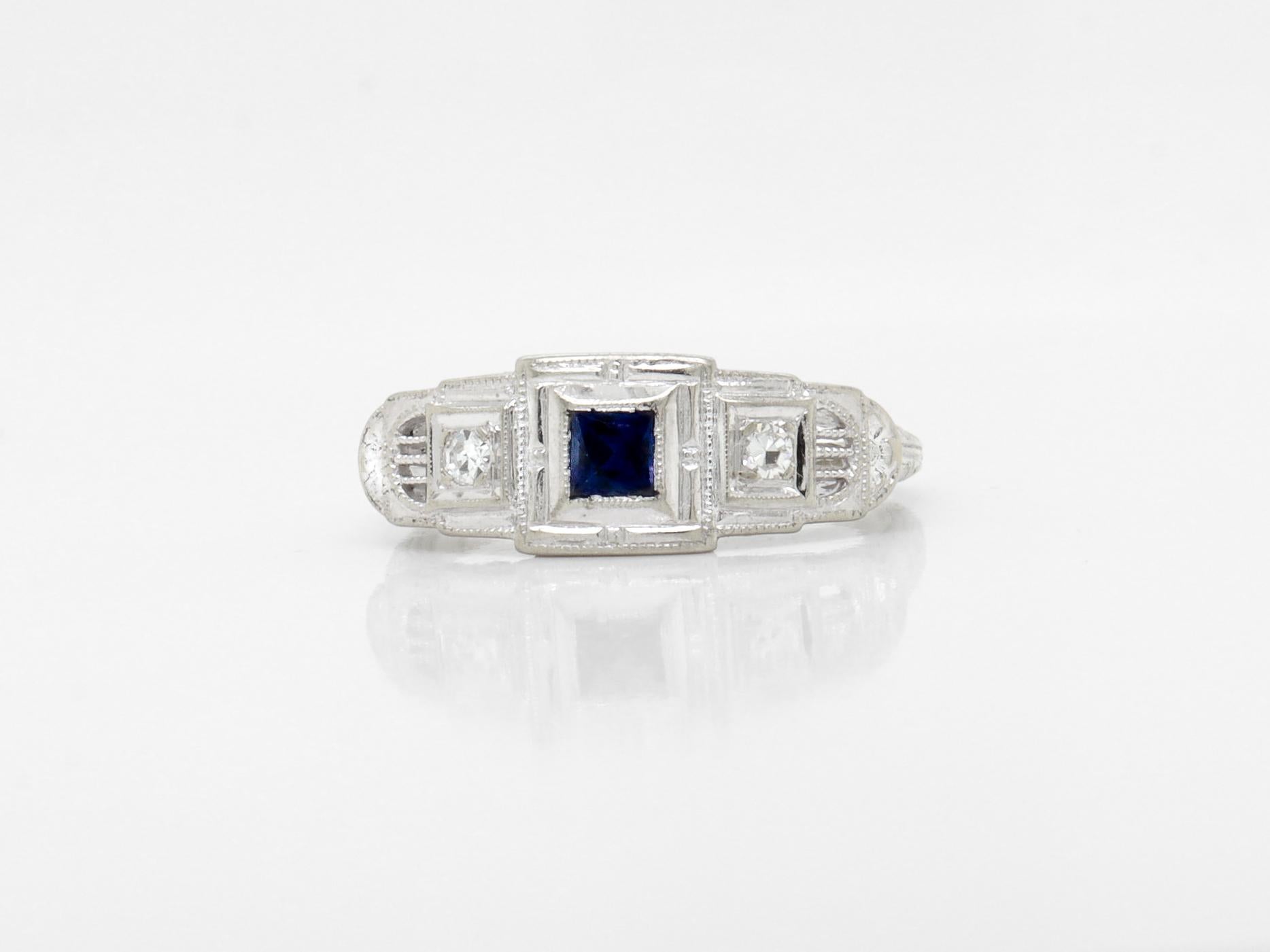 Antique Art Deco 14k White Gold, Sapphire, and Diamond Filigree Cocktail Ring For Sale 1