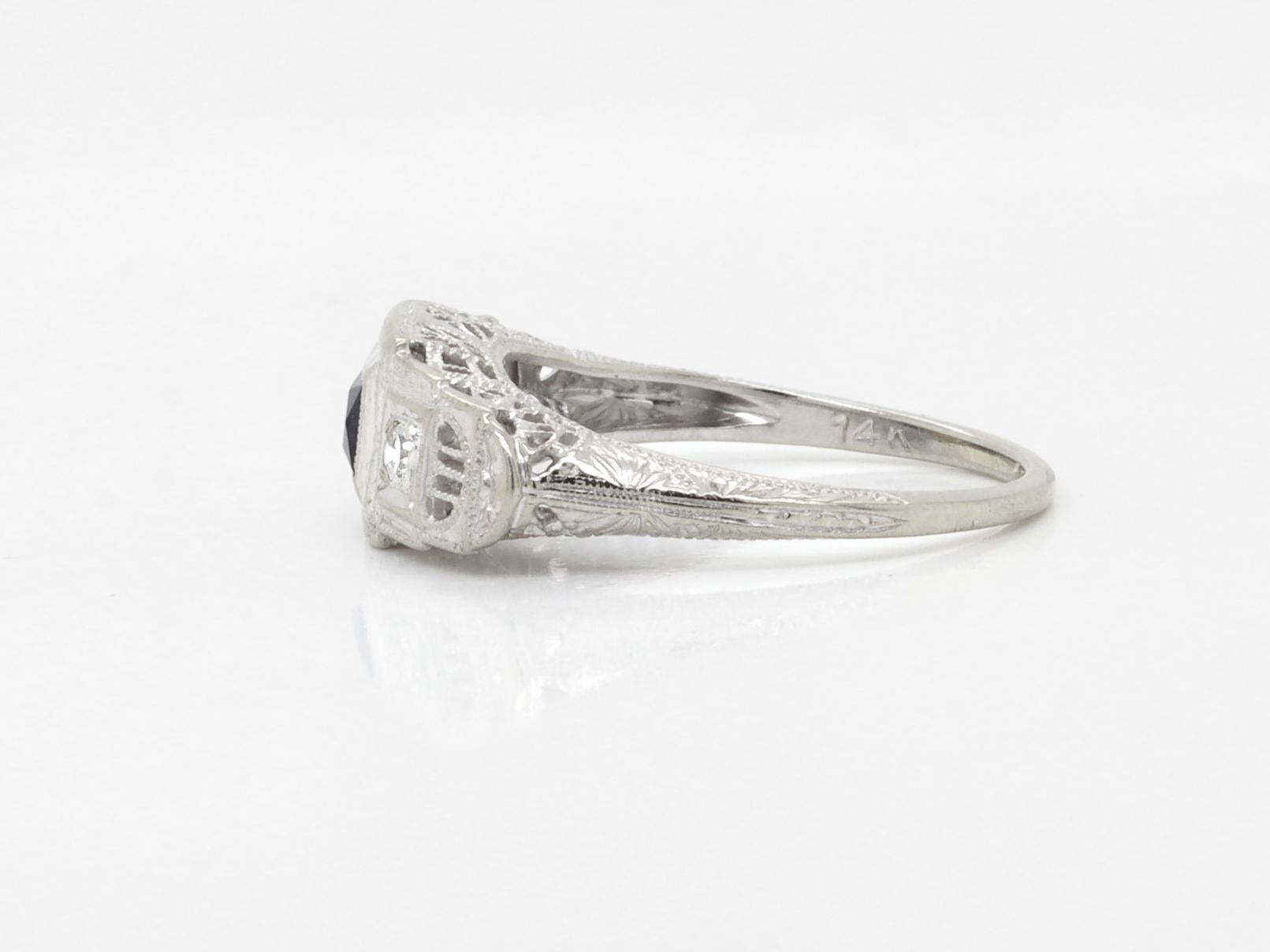 Antique Art Deco 14k White Gold, Sapphire, and Diamond Filigree Cocktail Ring For Sale 2