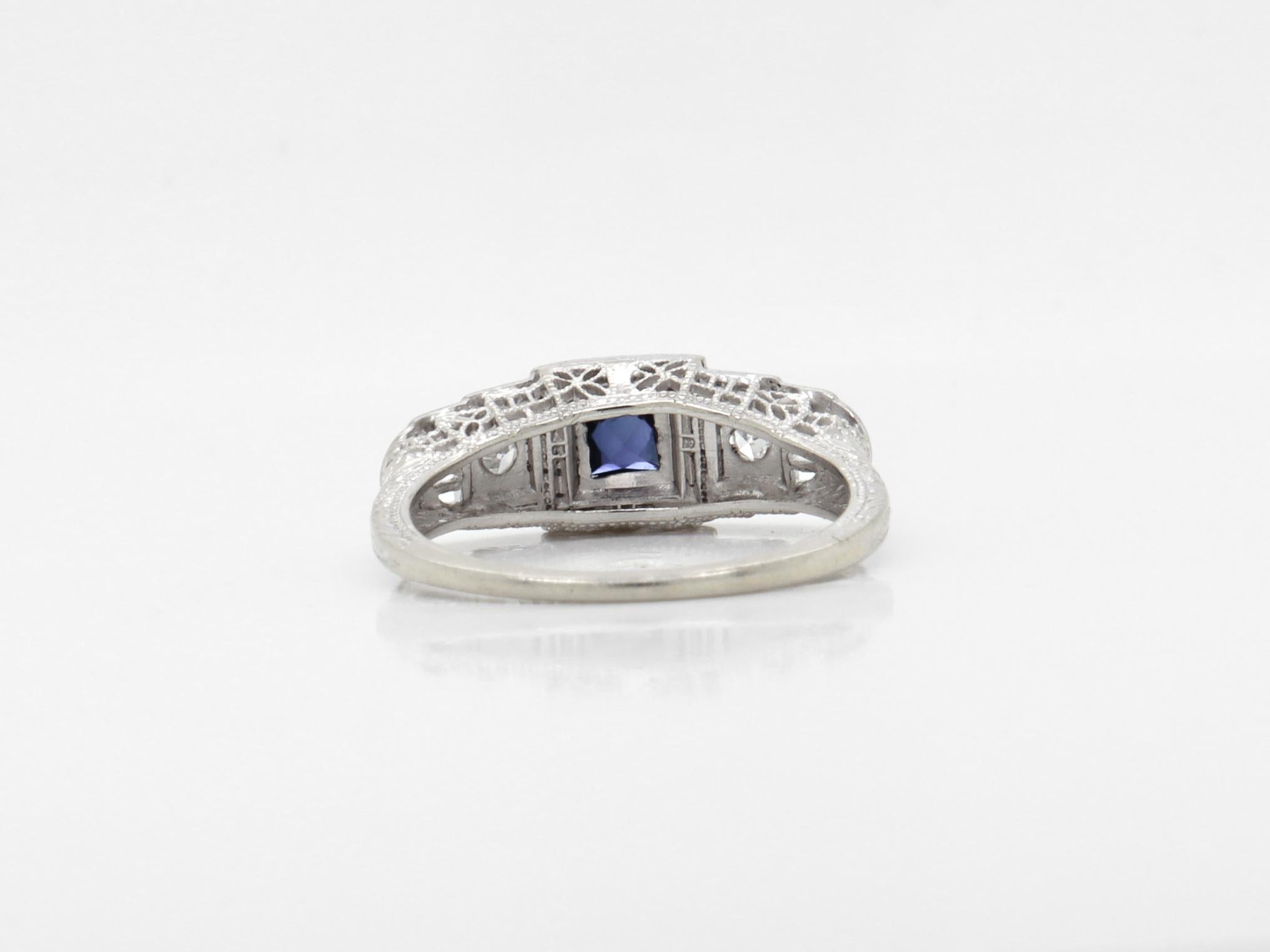 Antique Art Deco 14k White Gold, Sapphire, and Diamond Filigree Cocktail Ring For Sale 3