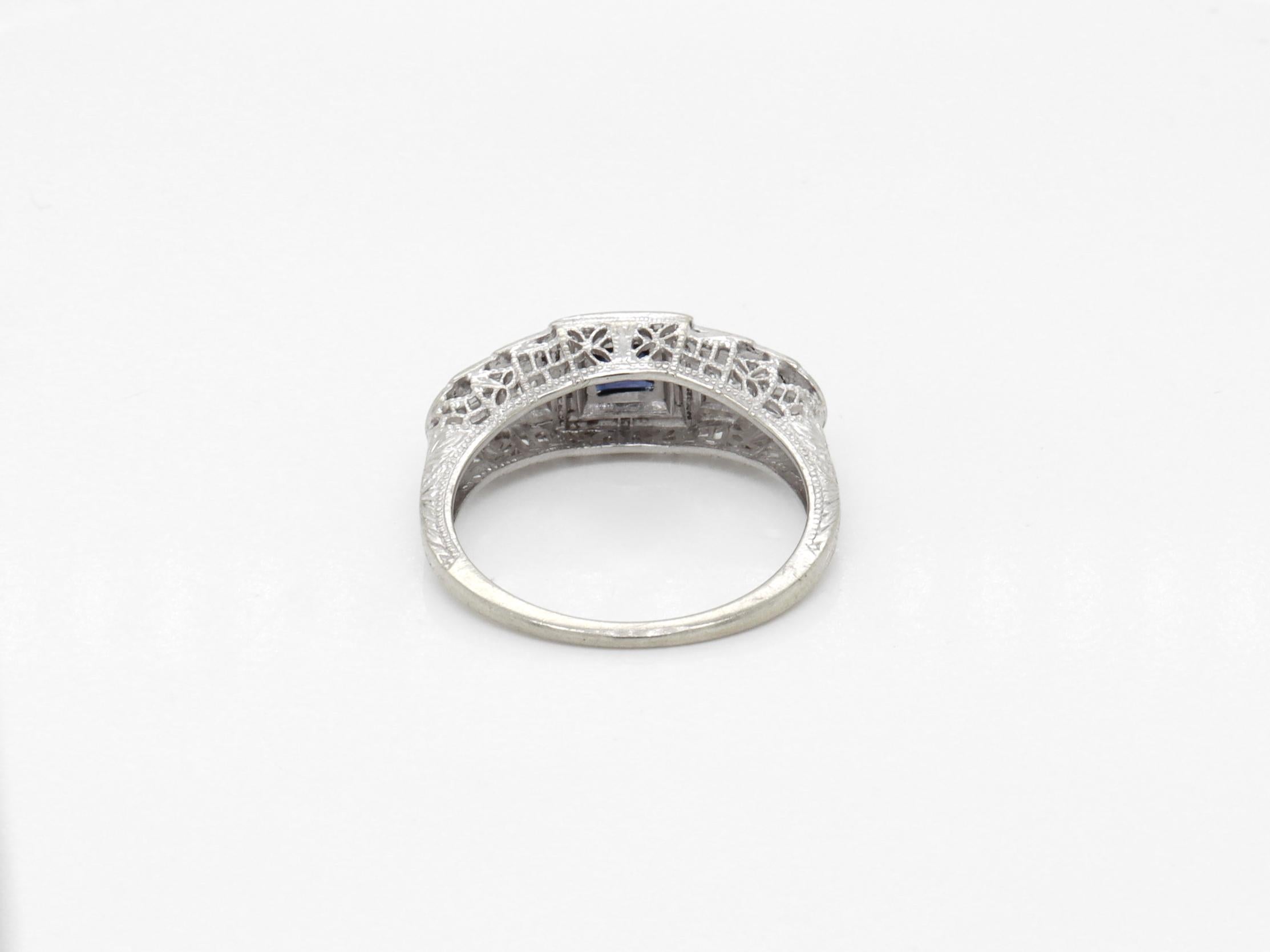 Antique Art Deco 14k White Gold, Sapphire, and Diamond Filigree Cocktail Ring For Sale 4