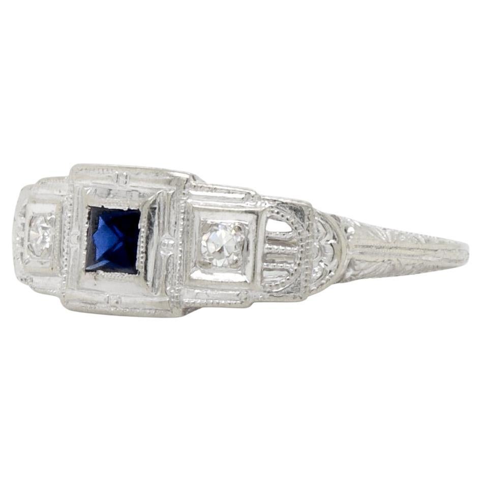 Antique Art Deco 14k White Gold, Sapphire, and Diamond Filigree Cocktail Ring