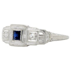 Antique Art Deco 14k White Gold, Sapphire, and Diamond Filigree Cocktail Ring