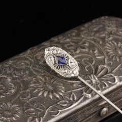 Antique Art Deco 14 Karat White Gold Synthetic Sapphire Stick Pin
