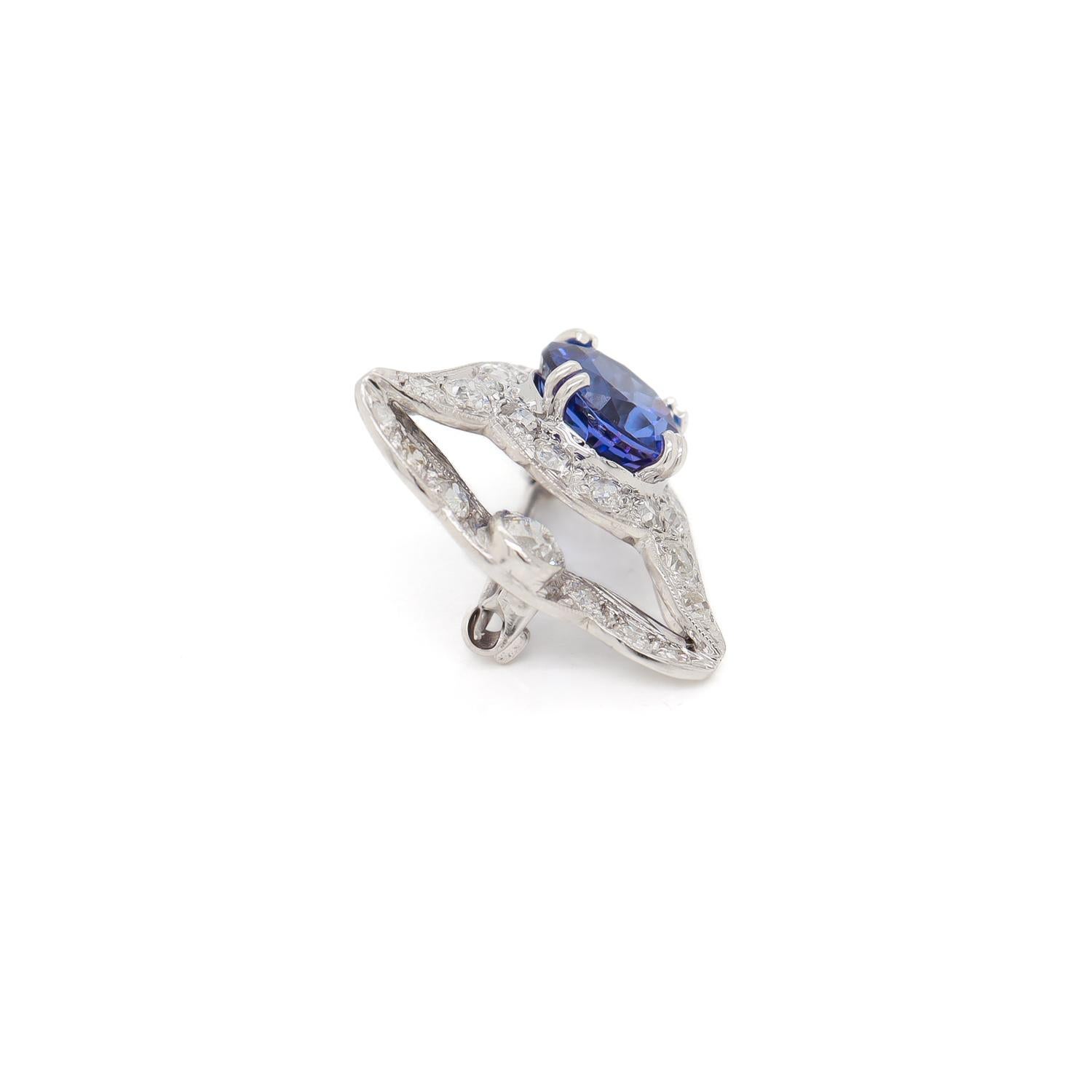Antique Art Deco 14K White Gold, Tanzanite, & Diamond Bell Shaped Pendant/Brooch For Sale 4