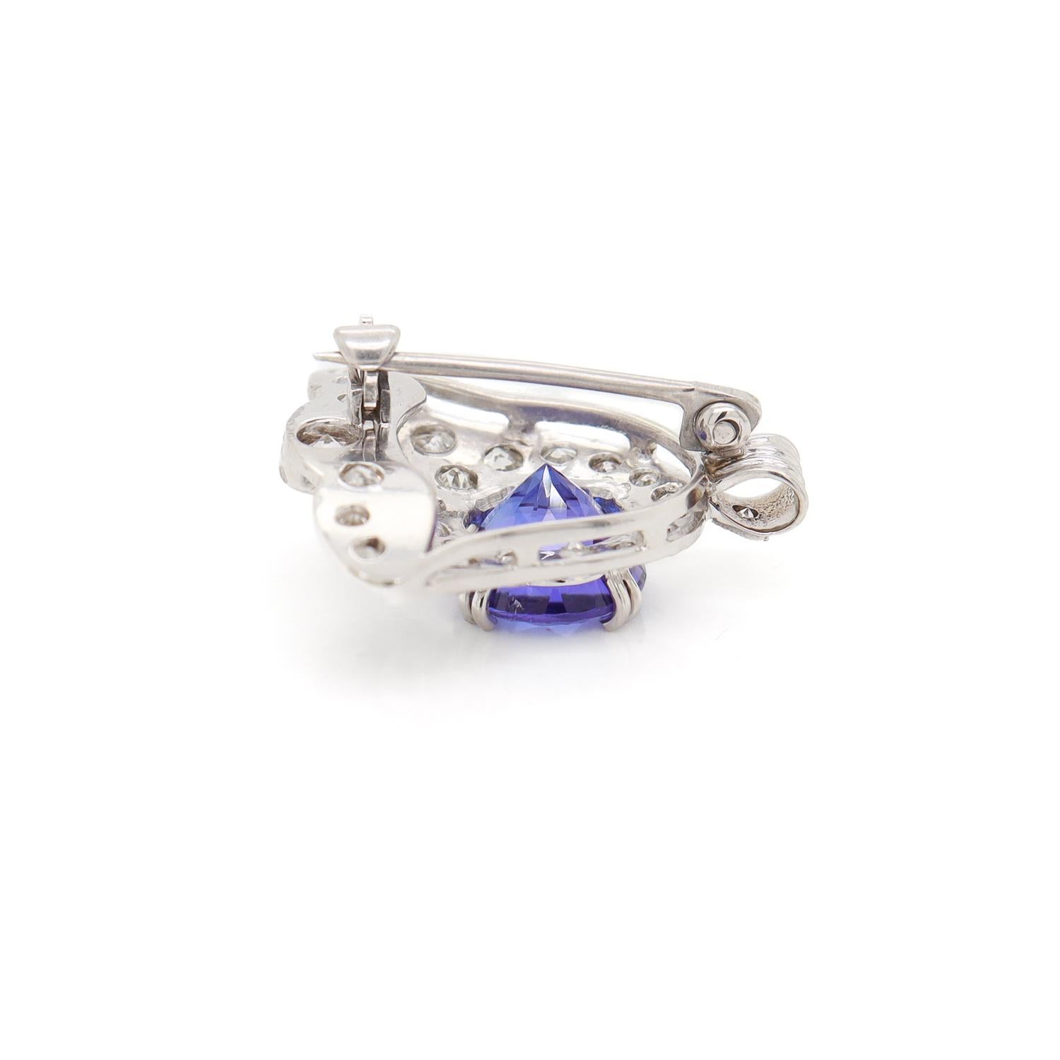 Antique Art Deco 14K White Gold, Tanzanite, & Diamond Bell Shaped Pendant/Brooch For Sale 5