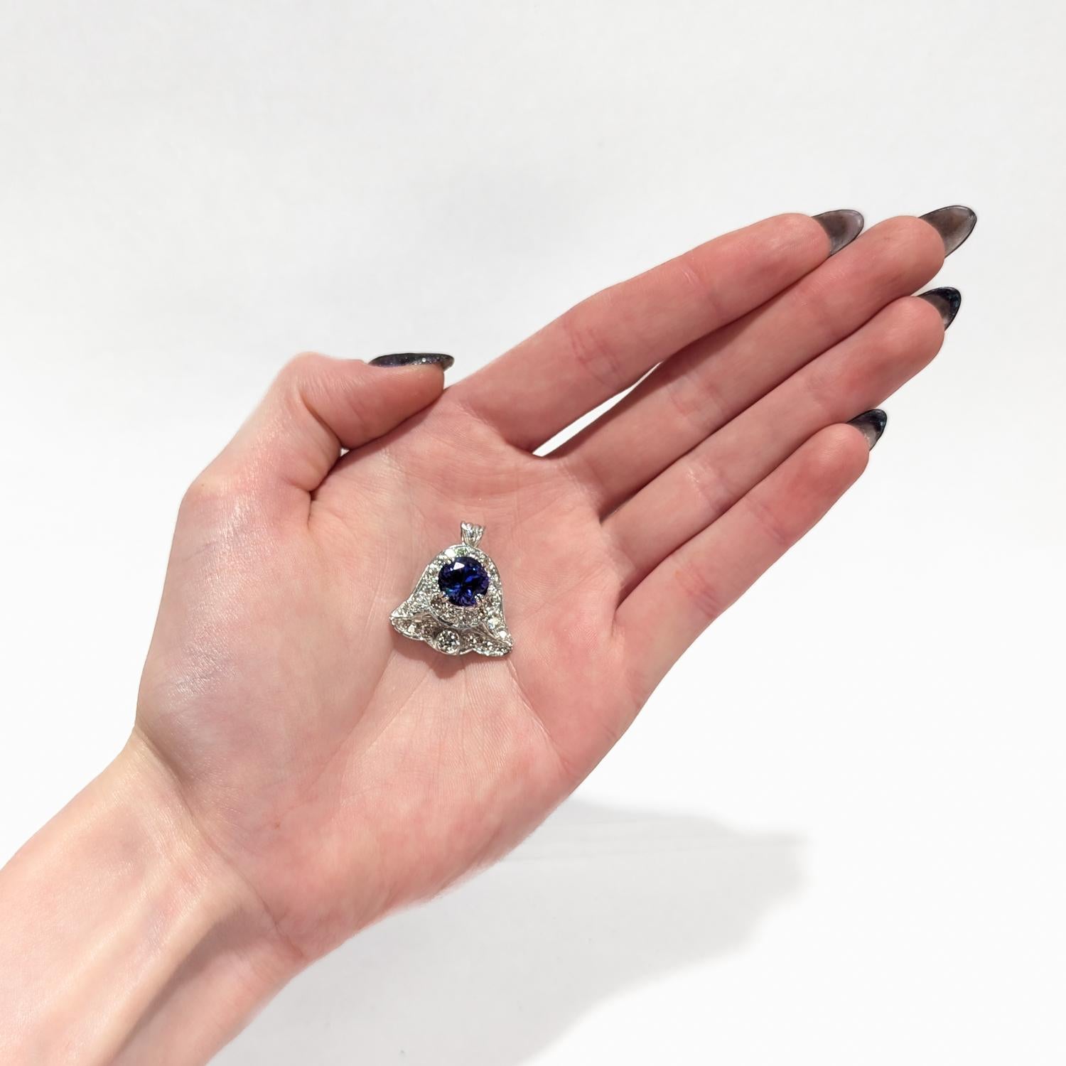 Antique Art Deco 14K White Gold, Tanzanite, & Diamond Bell Shaped Pendant/Brooch For Sale 6