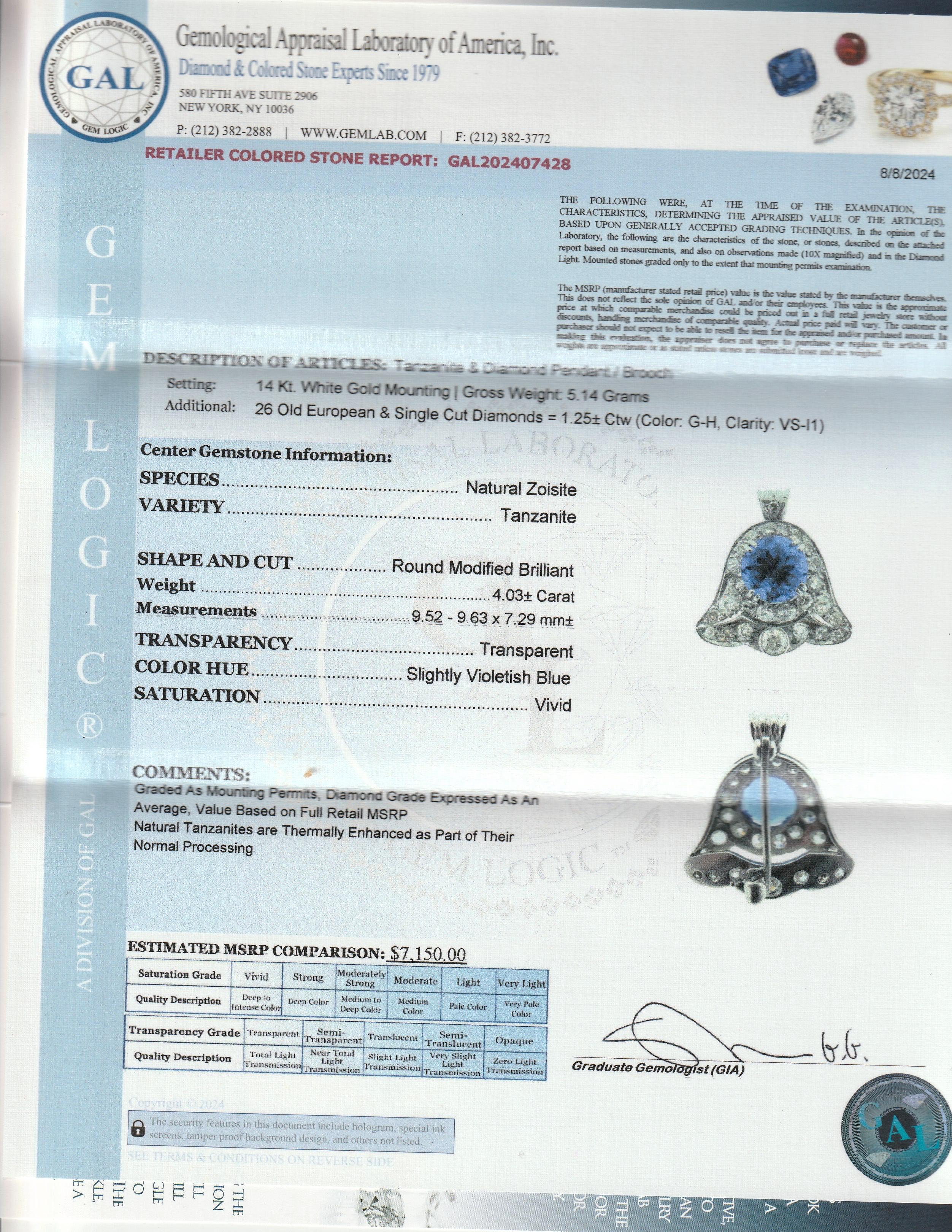 Antique Art Deco 14K White Gold, Tanzanite, & Diamond Bell Shaped Pendant/Brooch For Sale 8