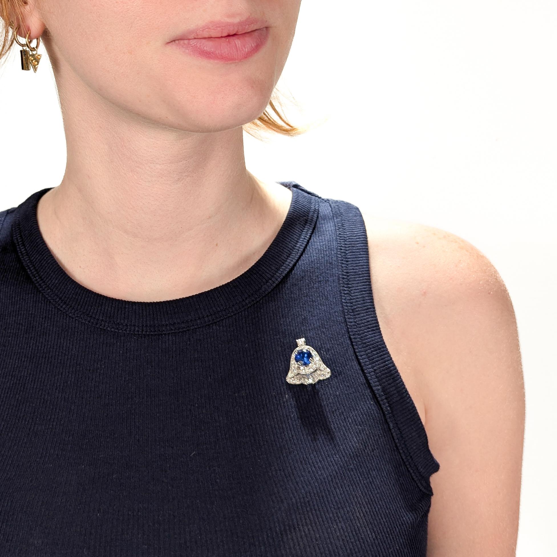 Antique Art Deco 14K White Gold, Tanzanite, & Diamond Bell Shaped Pendant/Brooch For Sale 9