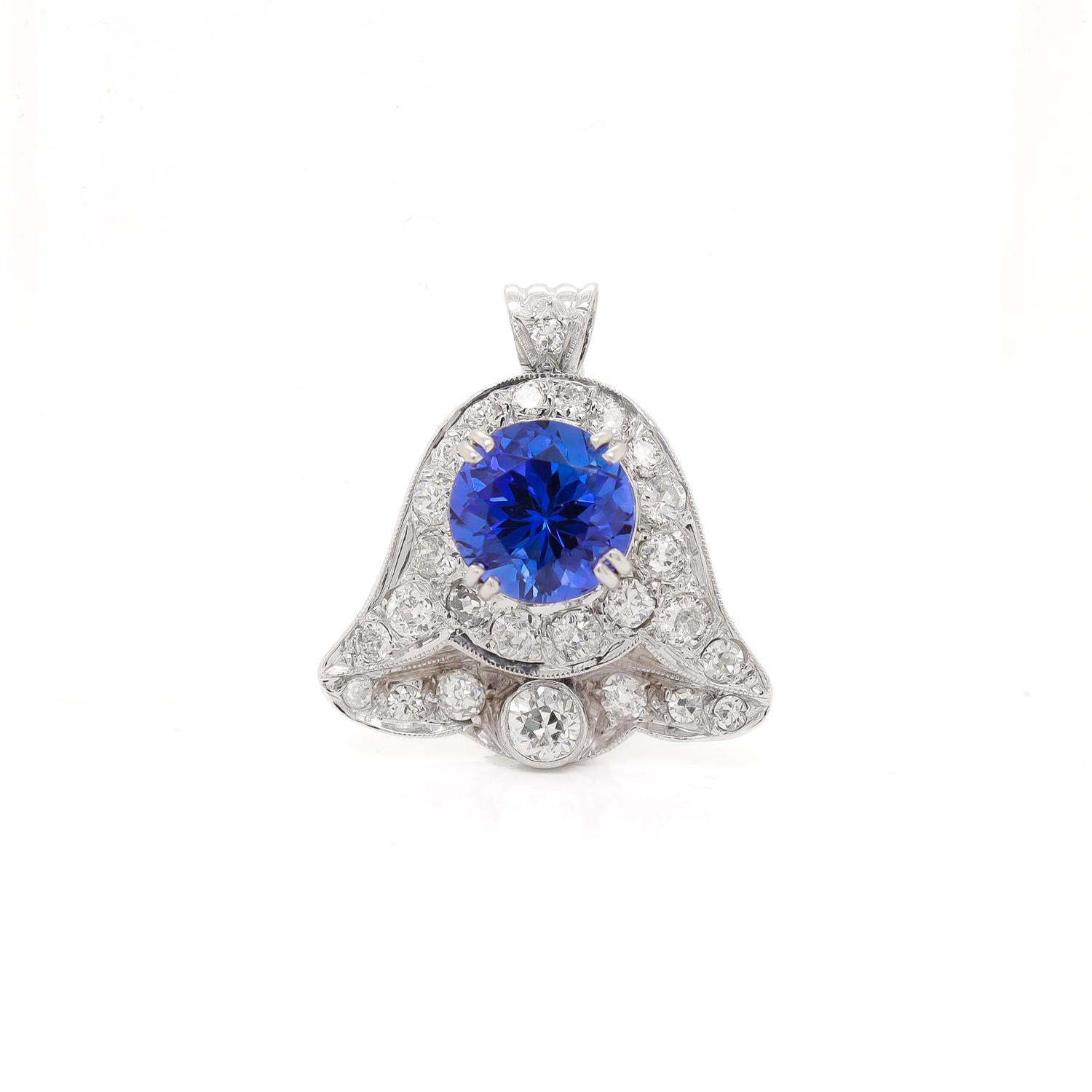 Brilliant Cut Antique Art Deco 14K White Gold, Tanzanite, & Diamond Bell Shaped Pendant/Brooch For Sale