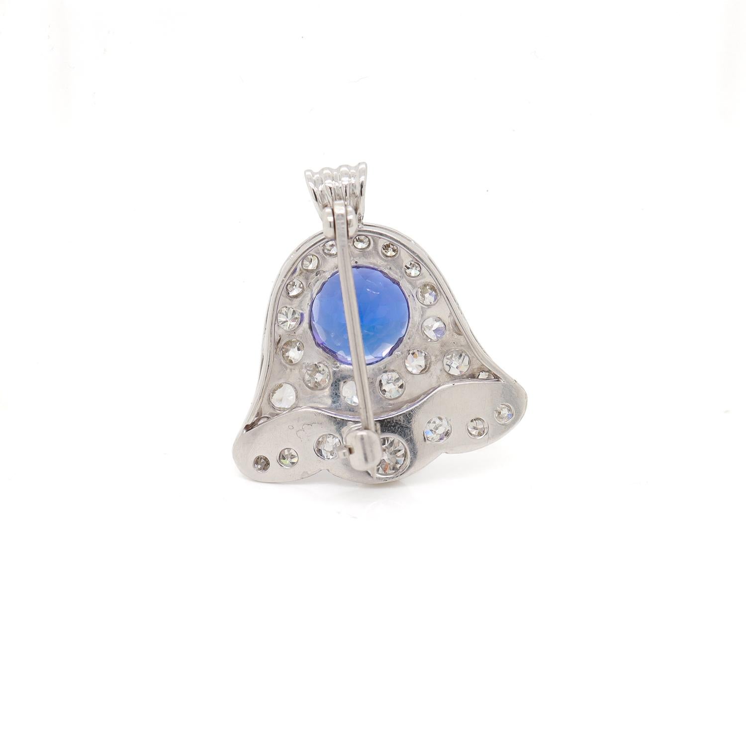 Antique Art Deco 14K White Gold, Tanzanite, & Diamond Bell Shaped Pendant/Brooch In Good Condition For Sale In Philadelphia, PA