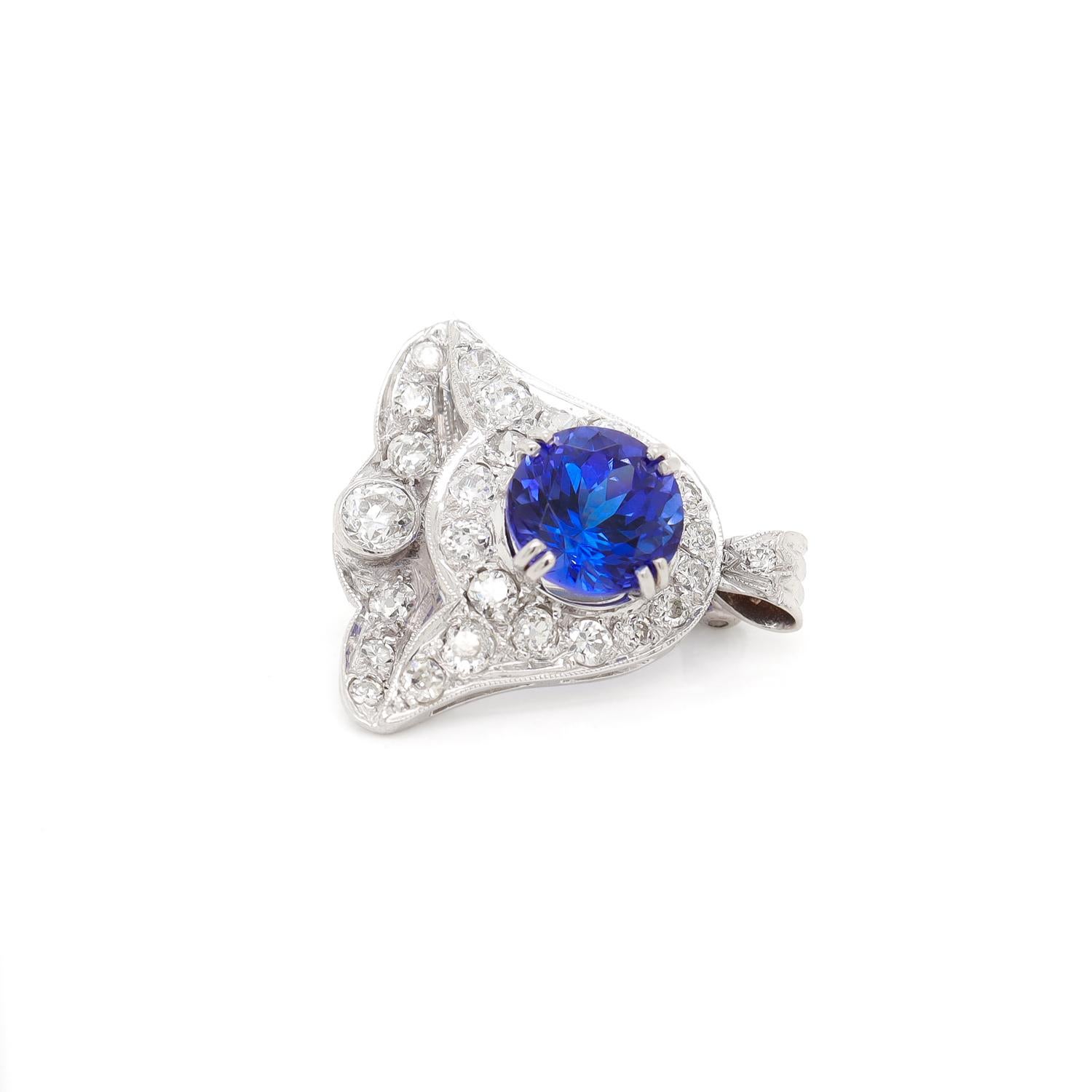 Women's Antique Art Deco 14K White Gold, Tanzanite, & Diamond Bell Shaped Pendant/Brooch For Sale