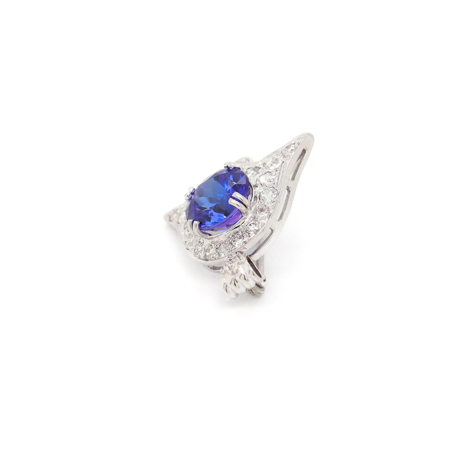 Antique Art Deco 14K White Gold, Tanzanite, & Diamond Bell Shaped Pendant/Brooch For Sale 1