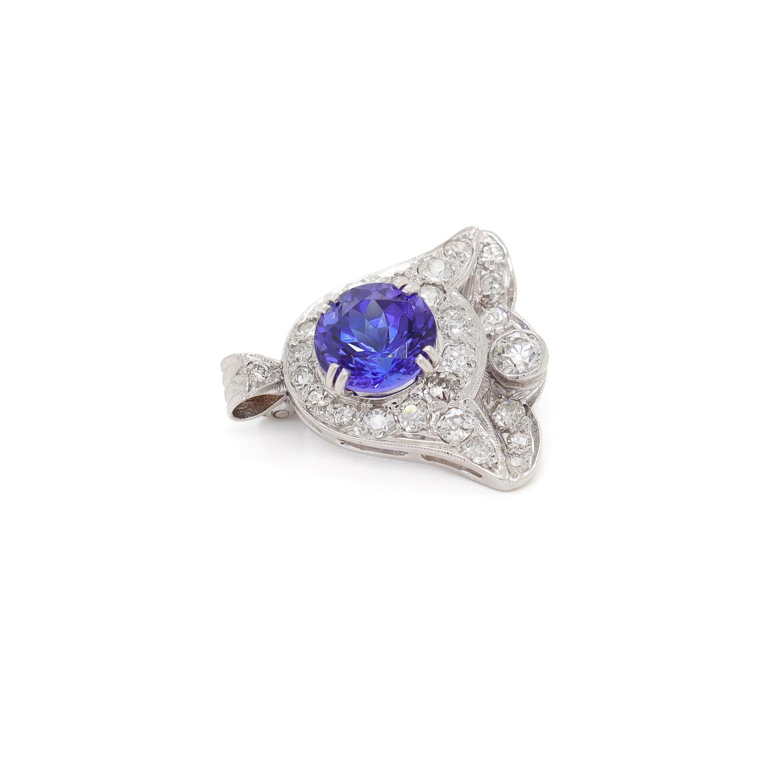 Antique Art Deco 14K White Gold, Tanzanite, & Diamond Bell Shaped Pendant/Brooch For Sale 2
