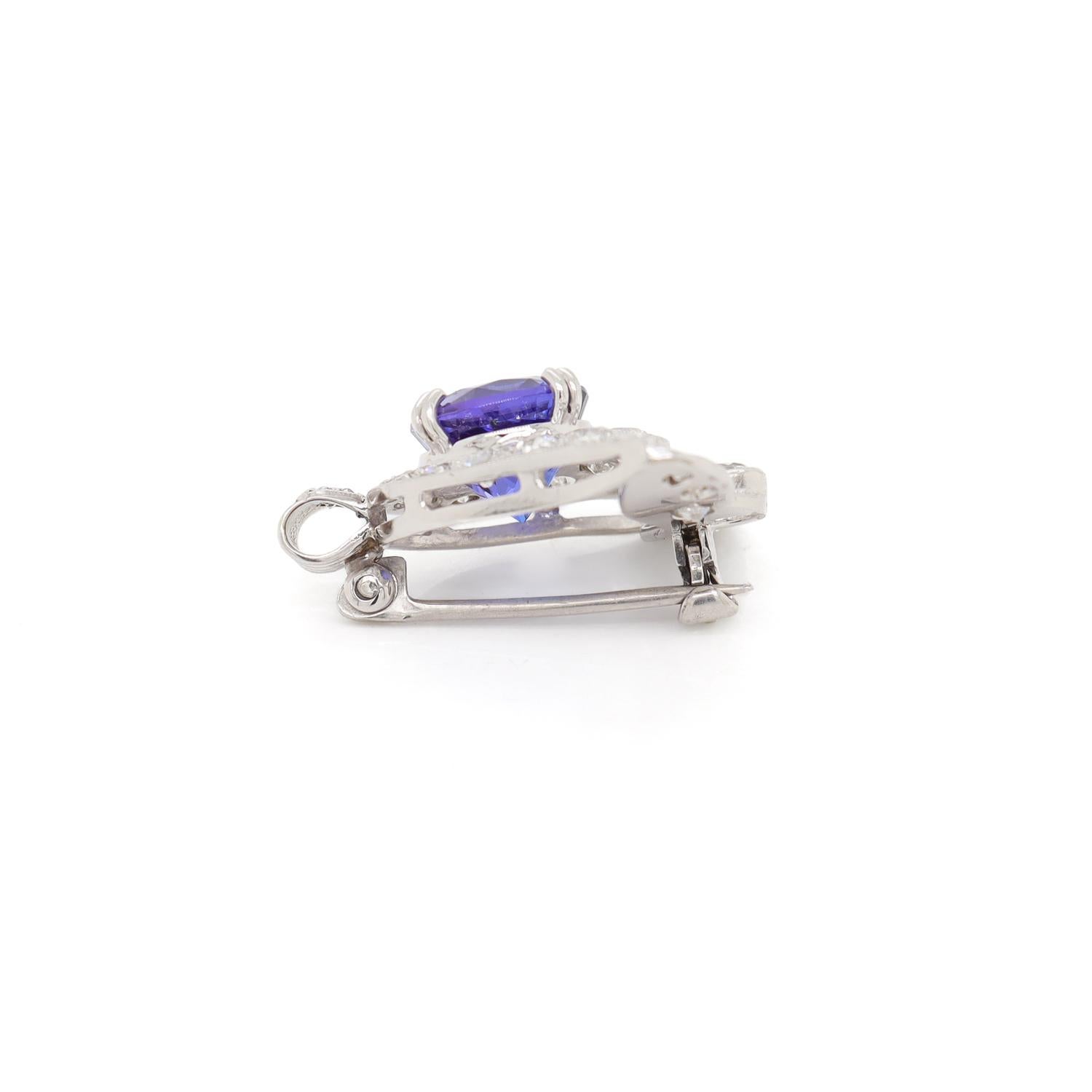 Antique Art Deco 14K White Gold, Tanzanite, & Diamond Bell Shaped Pendant/Brooch For Sale 3