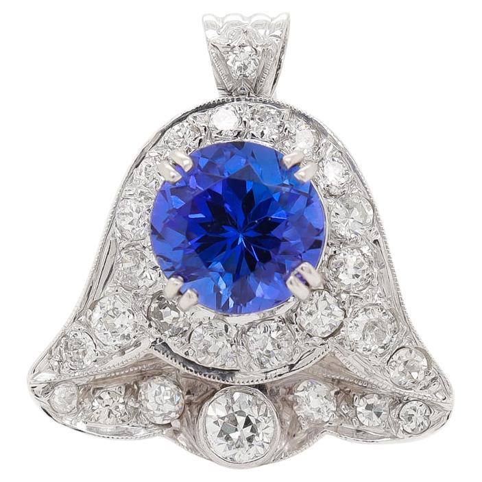 Antique Art Deco 14K White Gold, Tanzanite, & Diamond Bell Shaped Pendant/Brooch