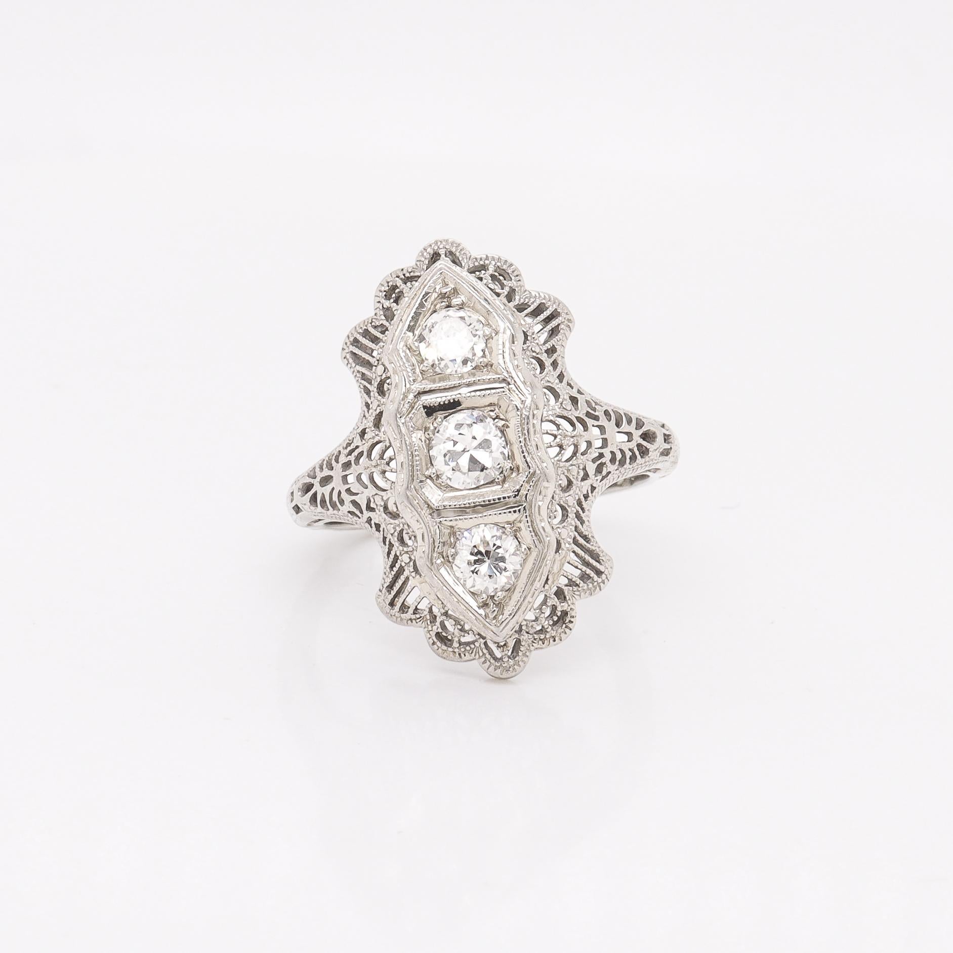 Women's Antique Art Deco 14K White Gold & Three-Stone Diamond Filigree Ring For Sale