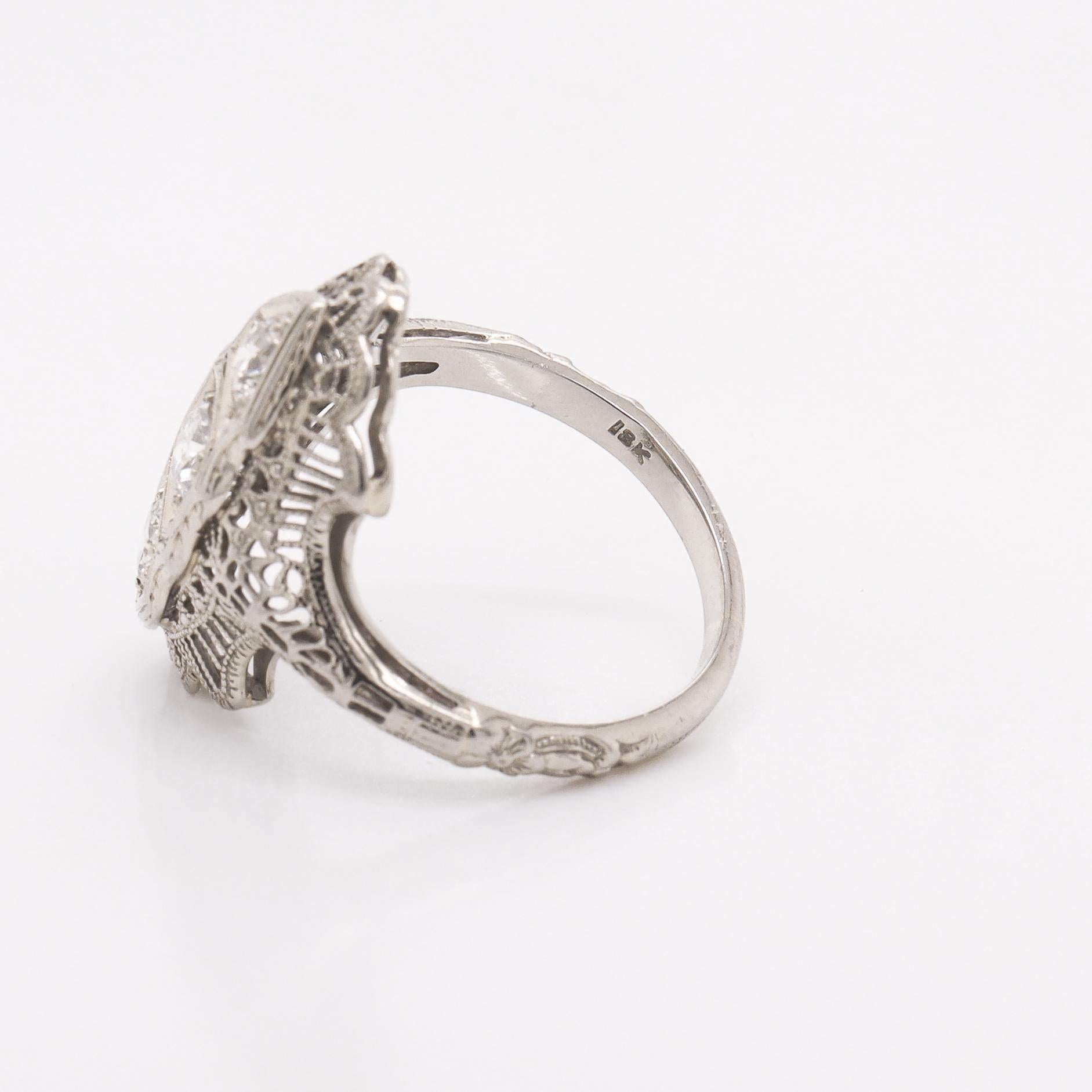 Antique Art Deco 14K White Gold & Three-Stone Diamond Filigree Ring For Sale 4
