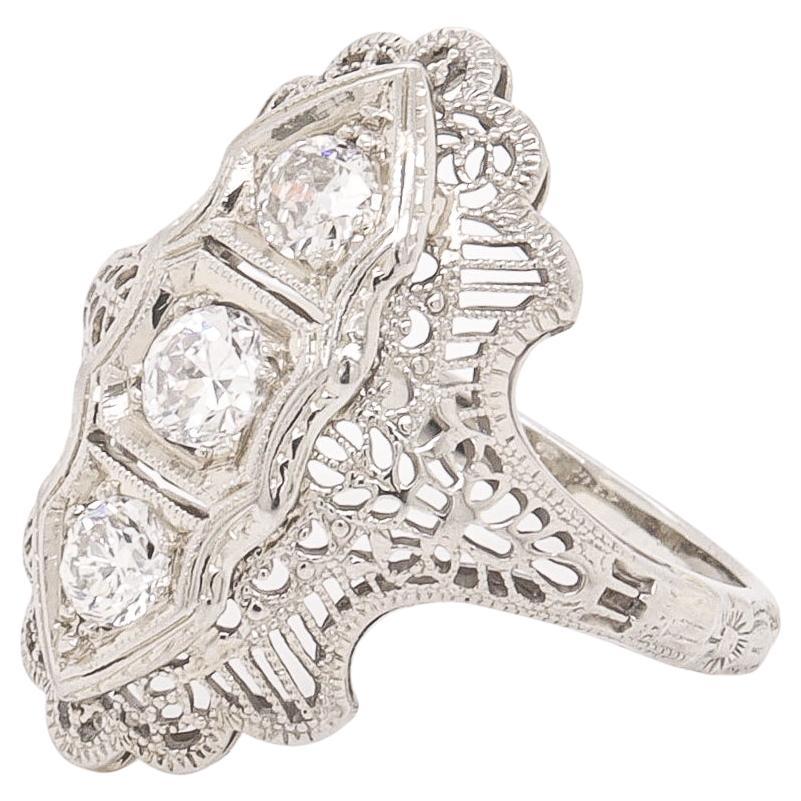 Antique Art Deco 14K White Gold & Three-Stone Diamond Filigree Ring